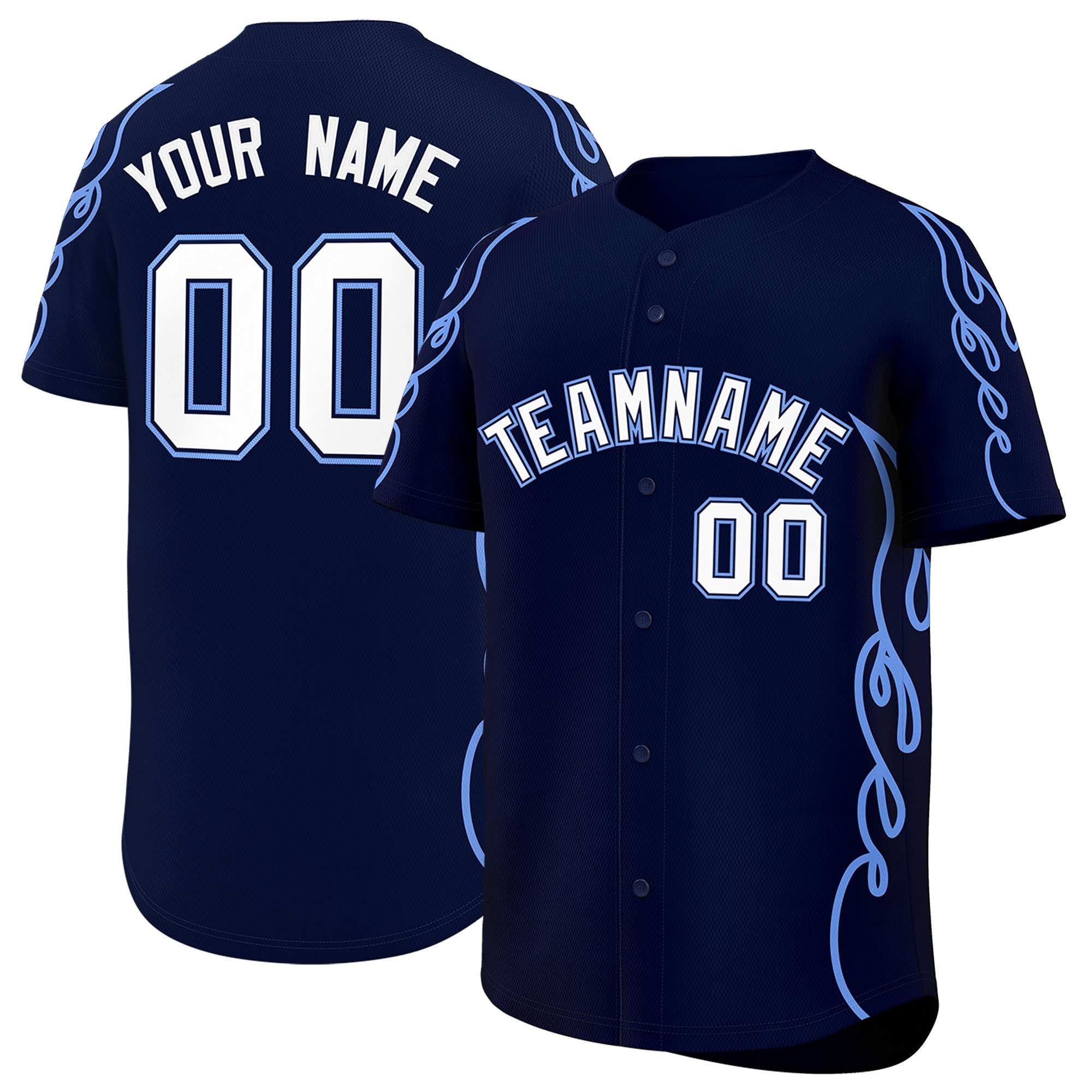 Custom Navy Light Blue Side Flame Outline Pattern Sports Uniform Basetball Jersey