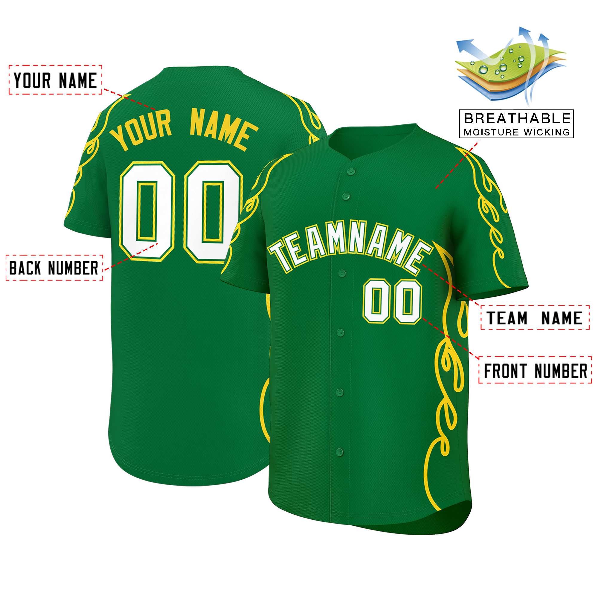 Custom Kelly Green Gold Side Flame Outline Pattern Sports Uniform Basetball Jersey