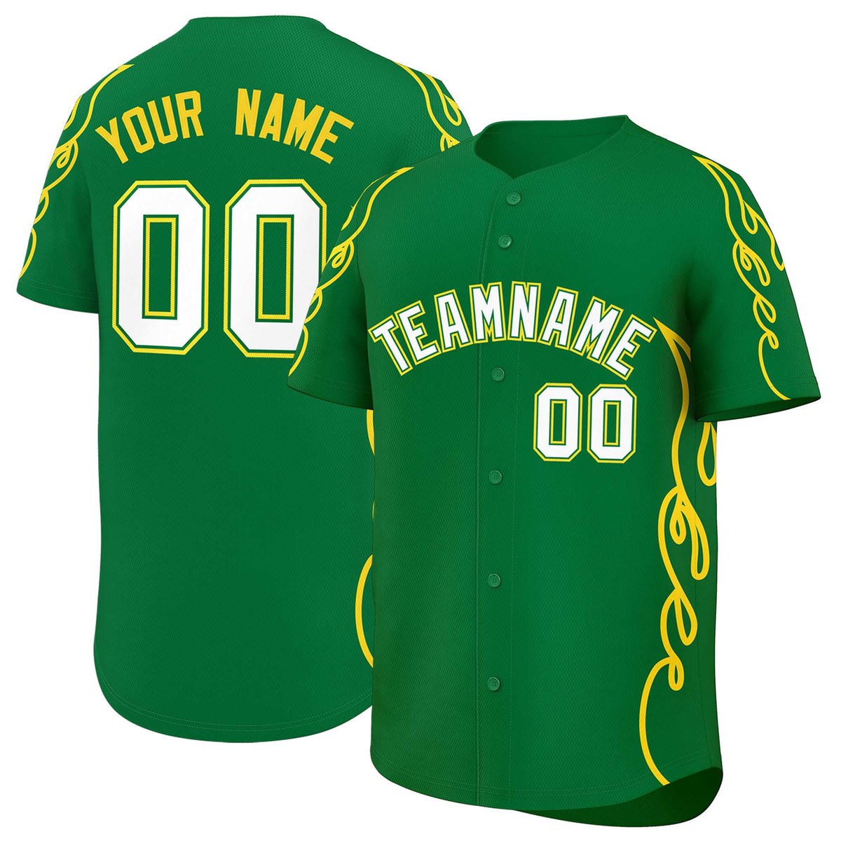 Custom Kelly Green Gold Side Flame Outline Pattern Sports Uniform Basetball Jersey
