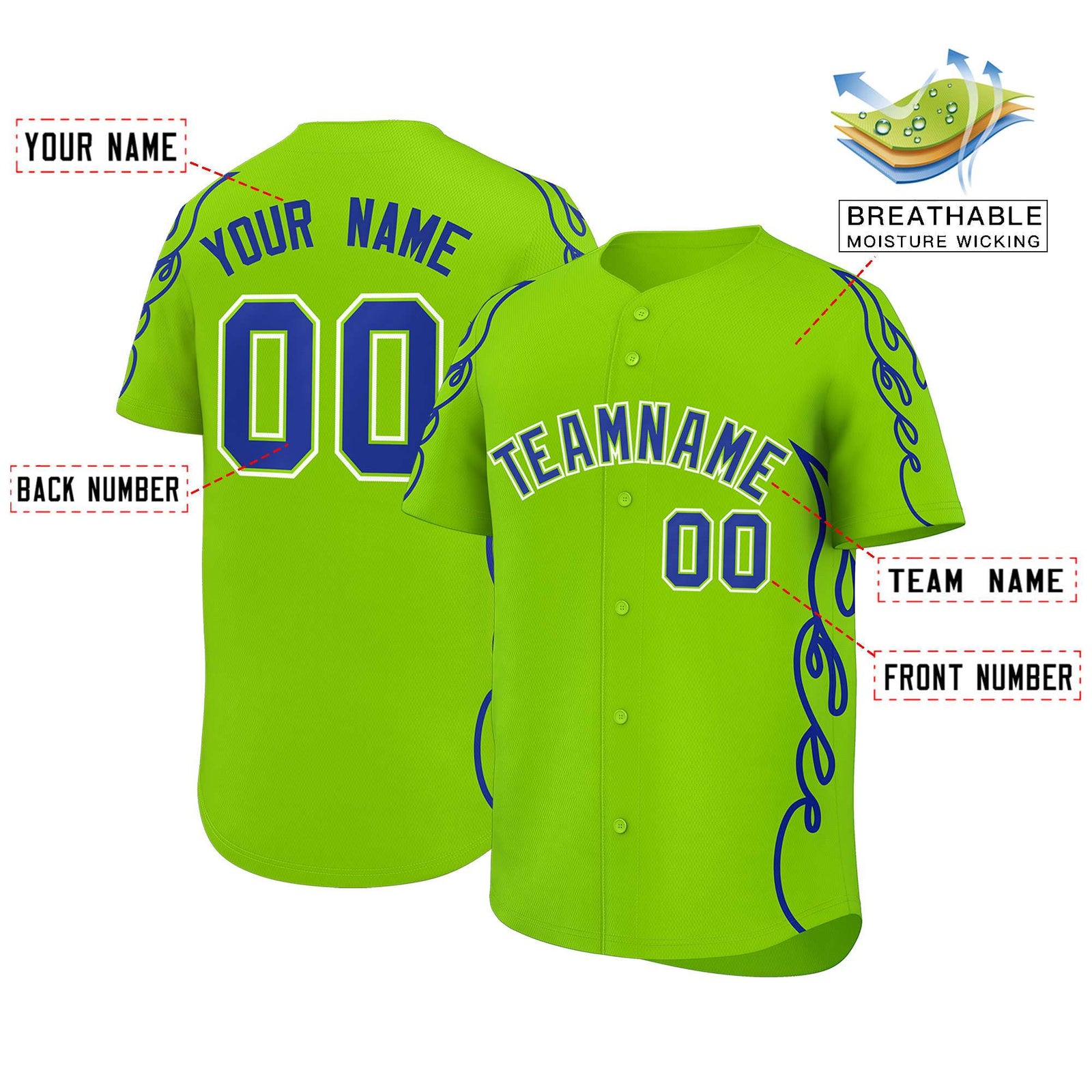 Custom Neon Green Royal Side Flame Outline Pattern Sports Uniform Basetball Jersey