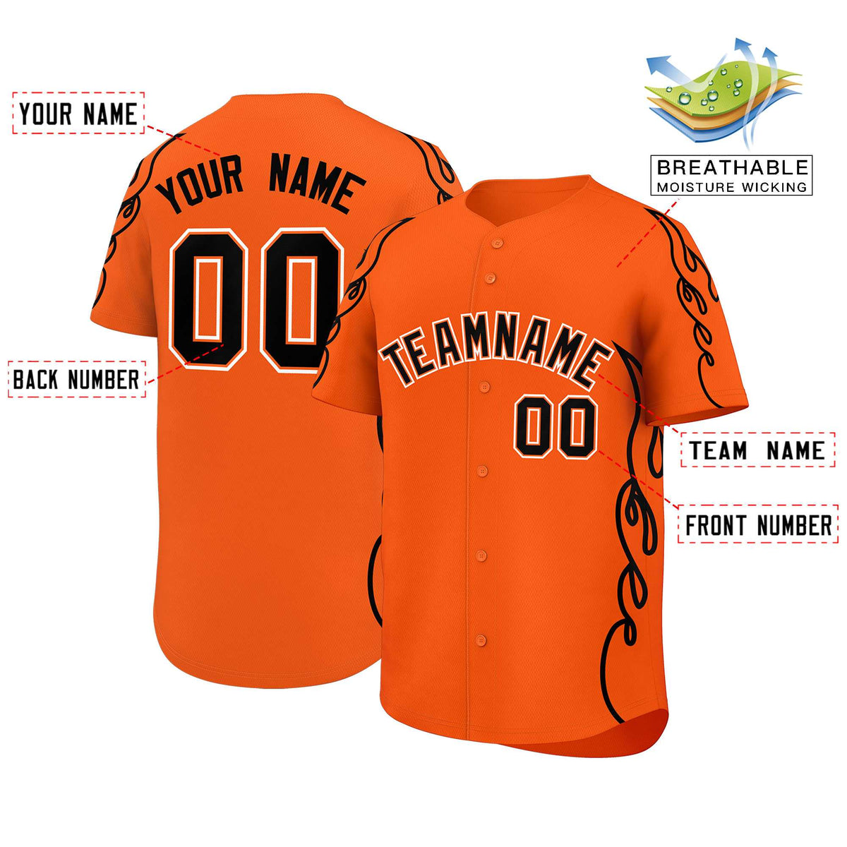 Custom Orange Black Side Flame Outline Pattern Sports Uniform Basetball Jersey