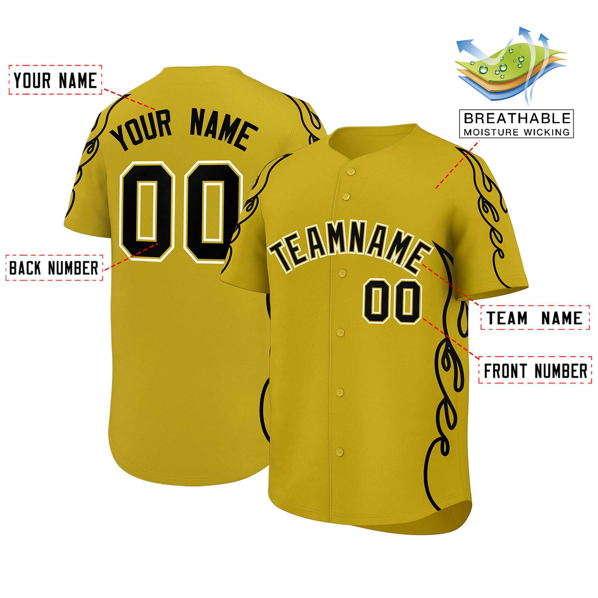 Custom Old Gold Black Side Flame Outline Pattern Sports Uniform Basetball Jersey