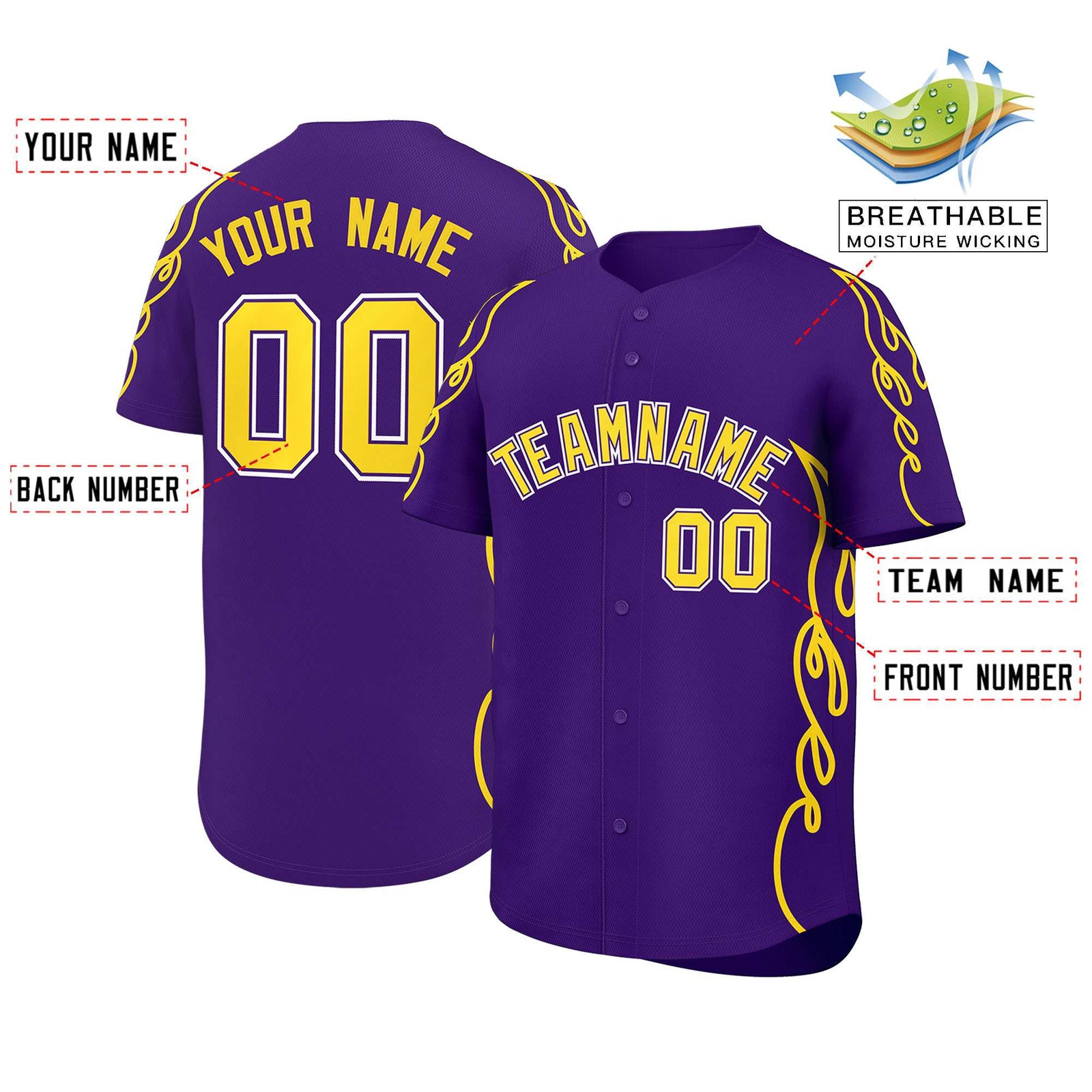 Custom Purple Gold Side Flame Outline Pattern Sports Uniform Basetball Jersey