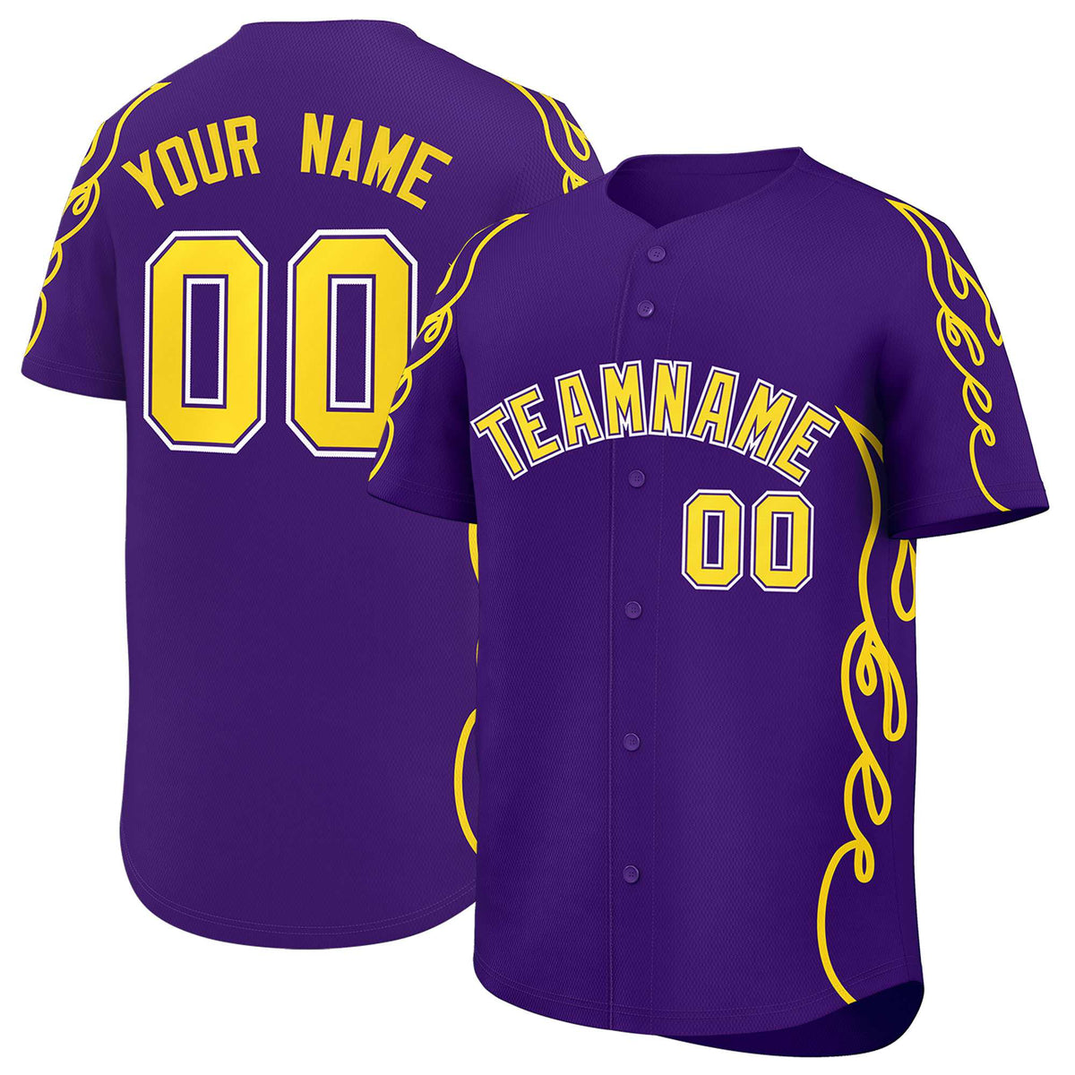Custom Purple Gold Side Flame Outline Pattern Sports Uniform Basetball Jersey