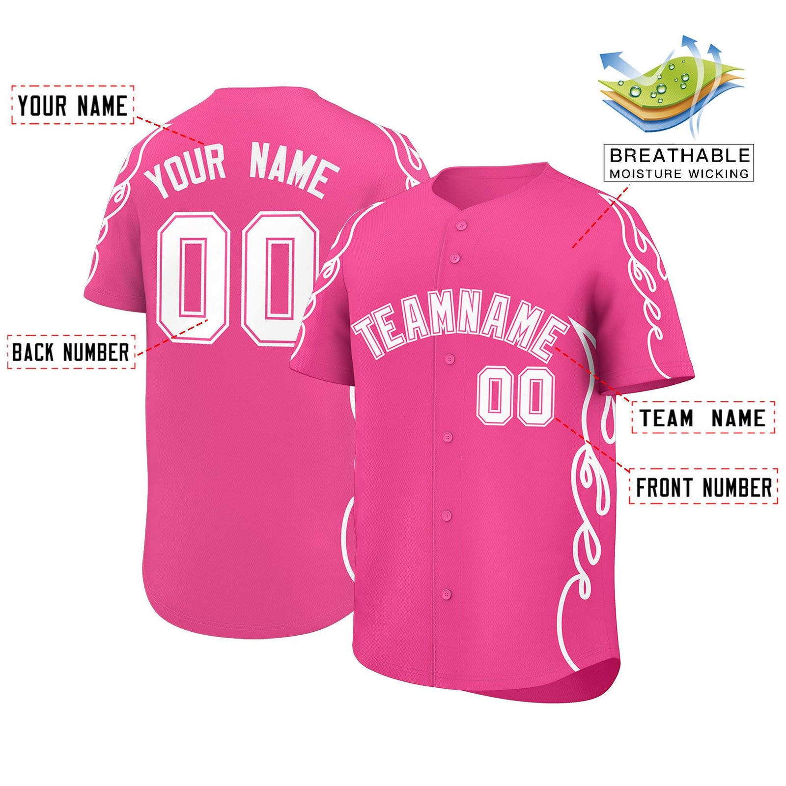 Custom Pink White Side Flame Outline Pattern Sports Uniform Basetball Jersey