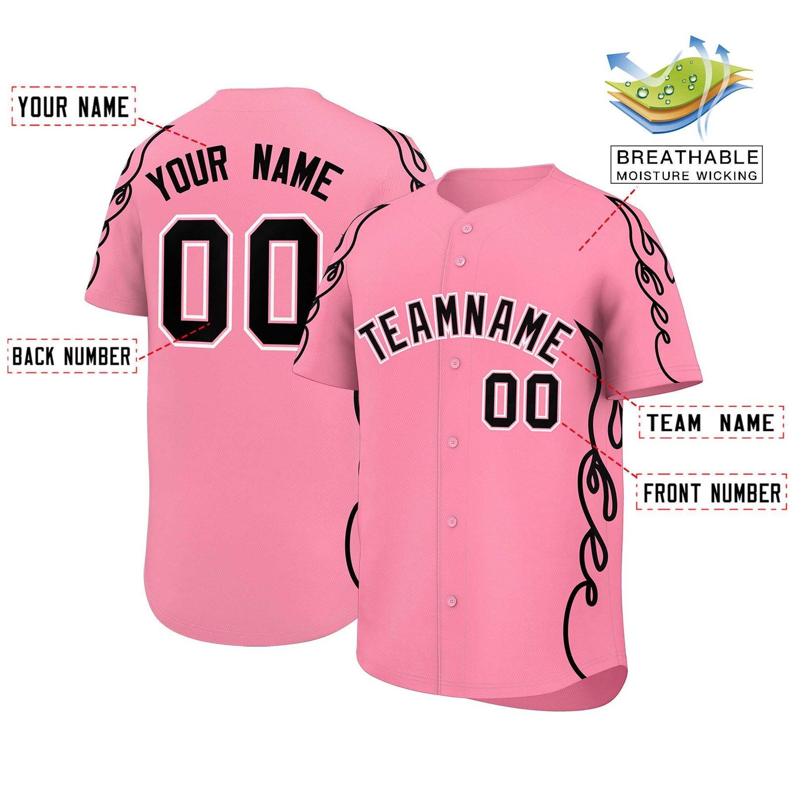 Custom Light Pink Black Side Flame Outline Pattern Sports Uniform Basetball Jersey
