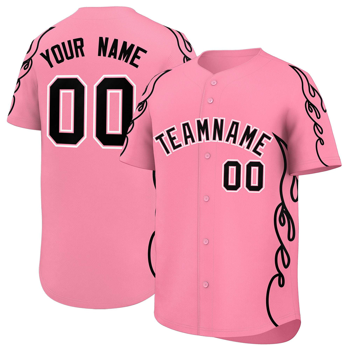 Custom Light Pink Black Side Flame Outline Pattern Sports Uniform Basetball Jersey