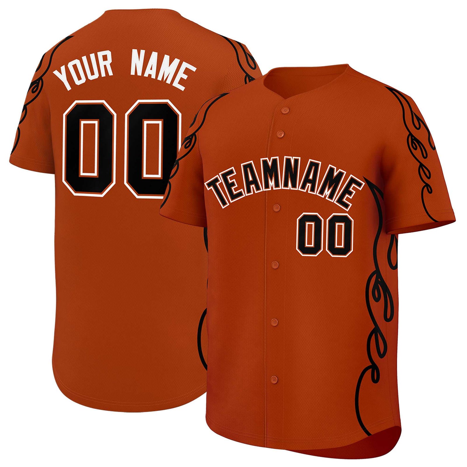 Custom Texas Orange Black Side Flame Outline Pattern Sports Uniform Basetball Jersey