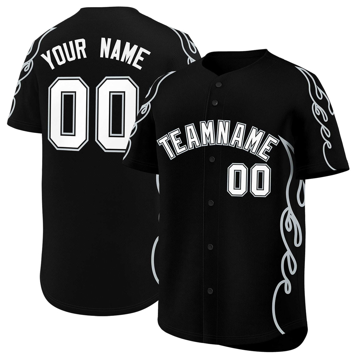 Custom Black Silver Side Flame Outline Pattern Sports Uniform Basetball Jersey