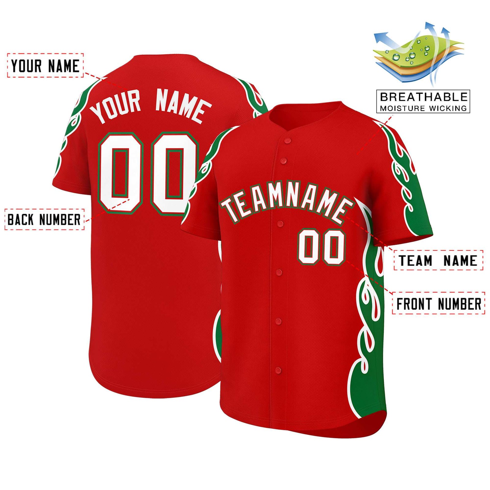 Custom Red Kelly Green Side Flame Outline Pattern Sports Uniform Basetball Jersey