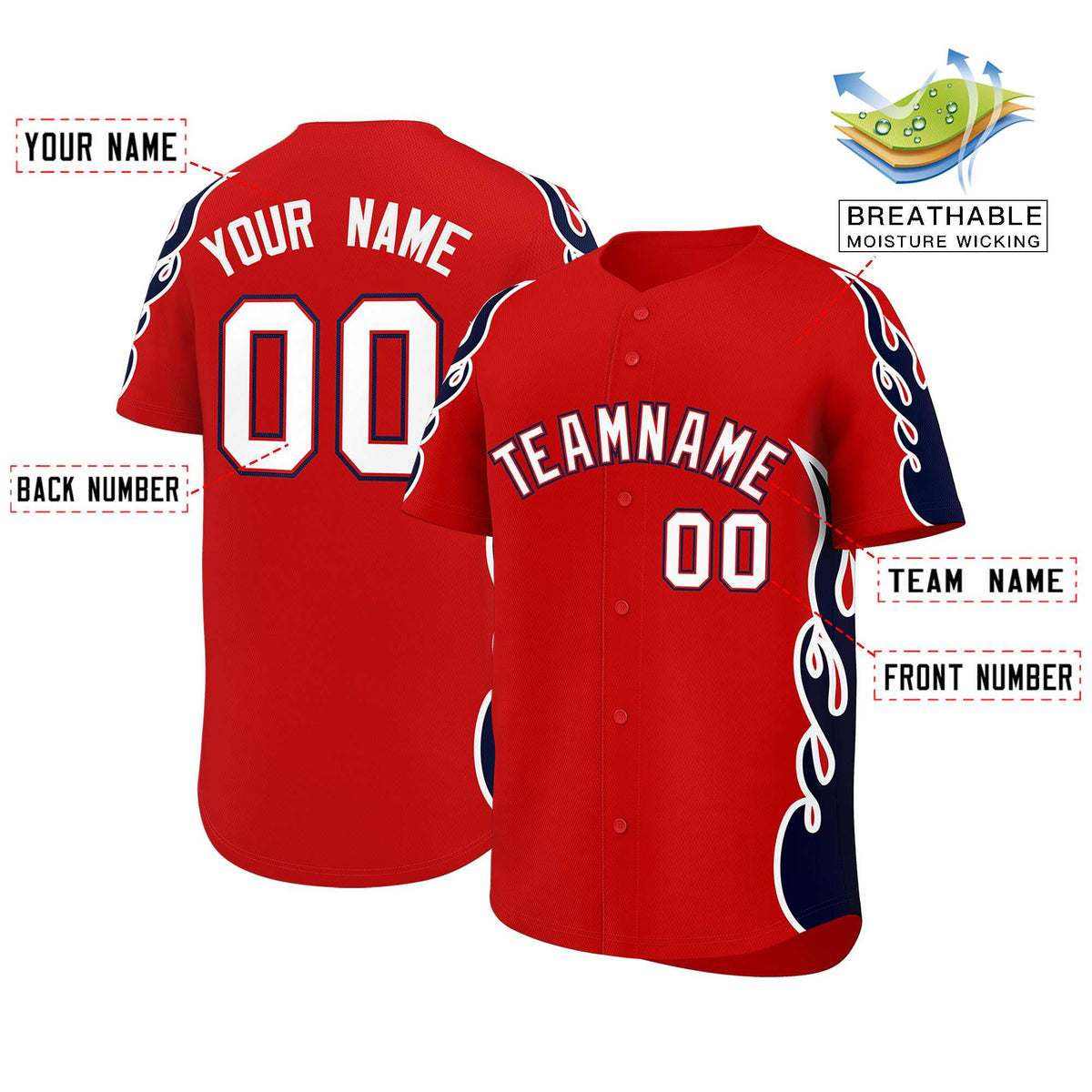 Custom Red Navy Side Flame Outline Pattern Sports Uniform Basetball Jersey