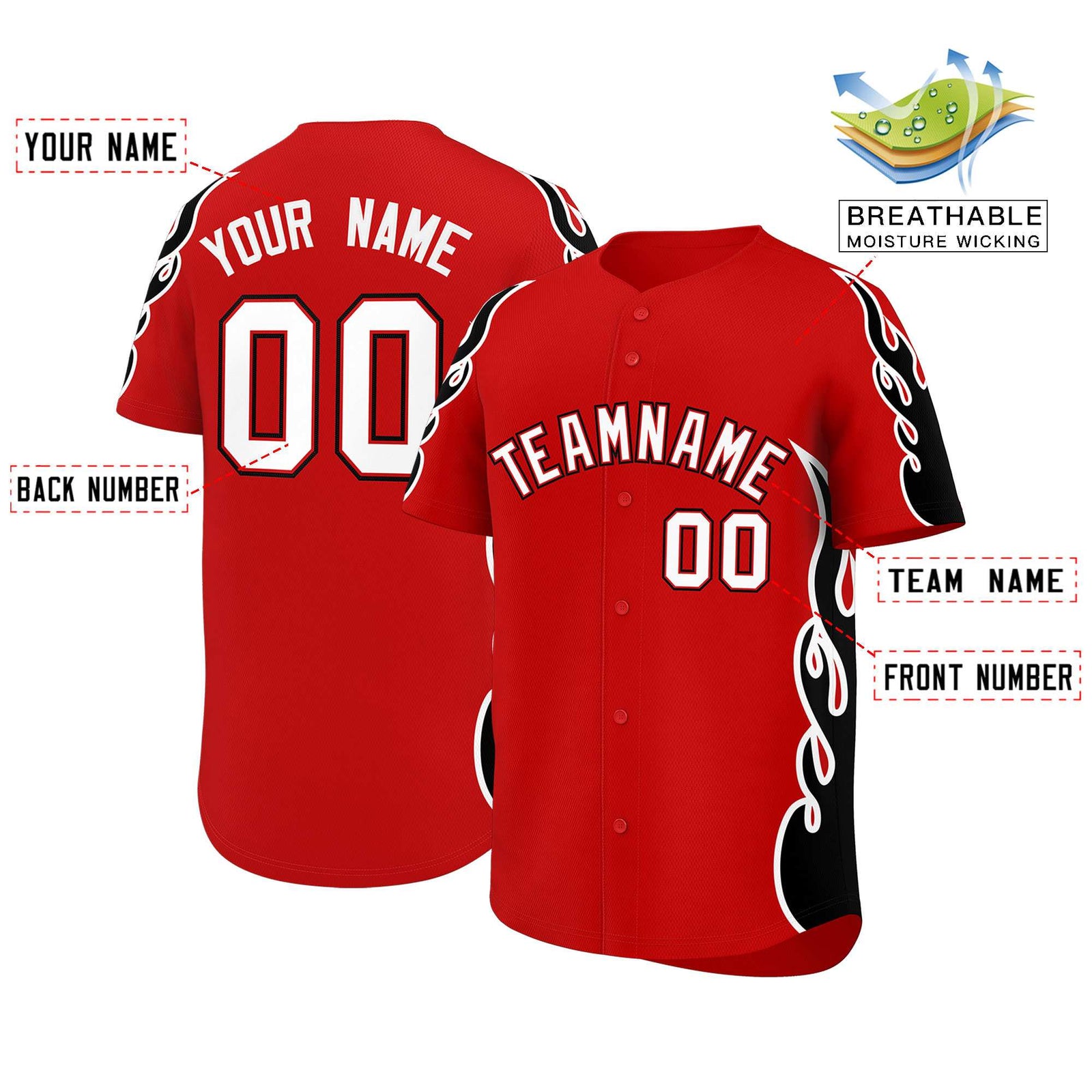 Custom Red Black Side Flame Outline Pattern Sports Uniform Basetball Jersey