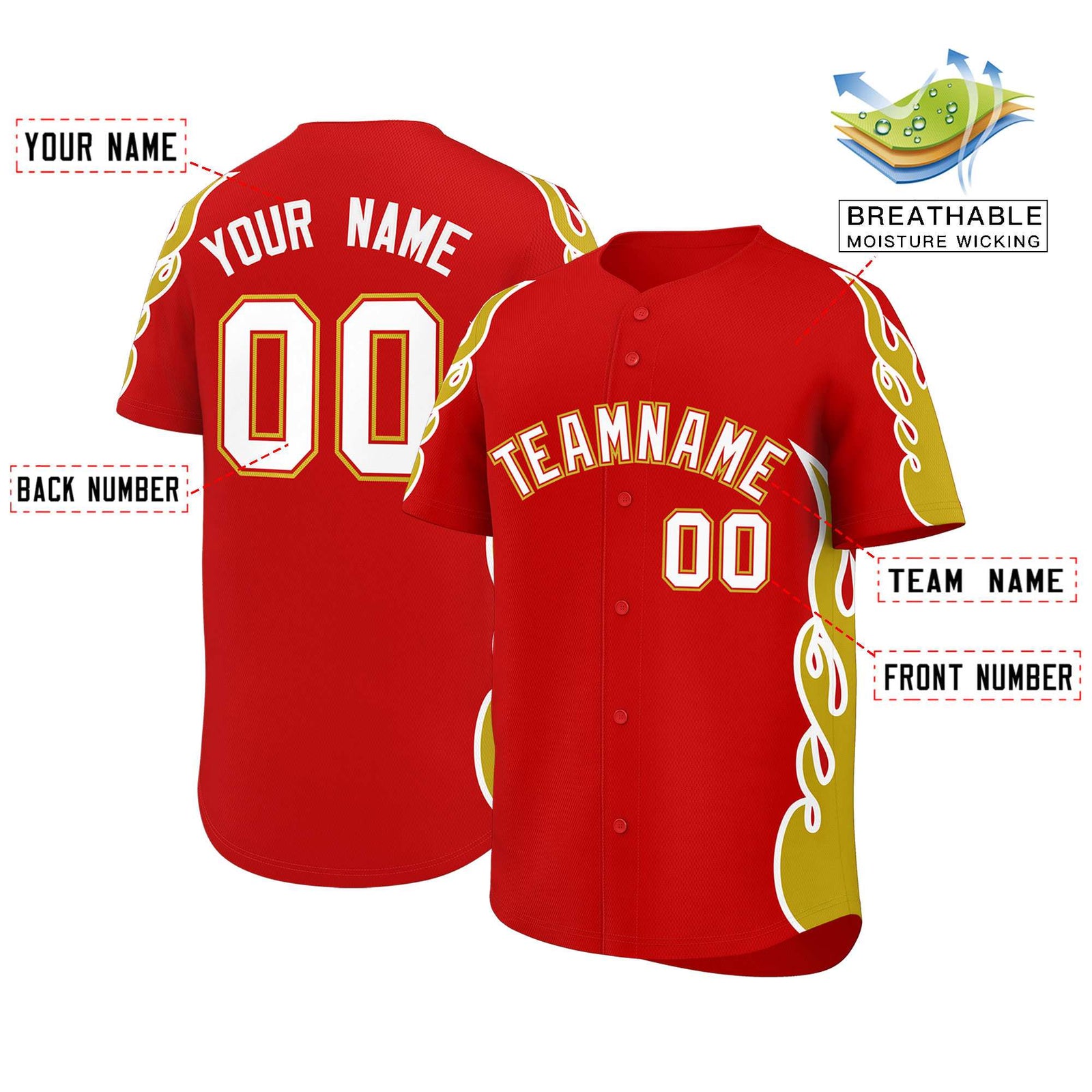 Custom Red Old Gold Side Flame Outline Pattern Sports Uniform Basetball Jersey