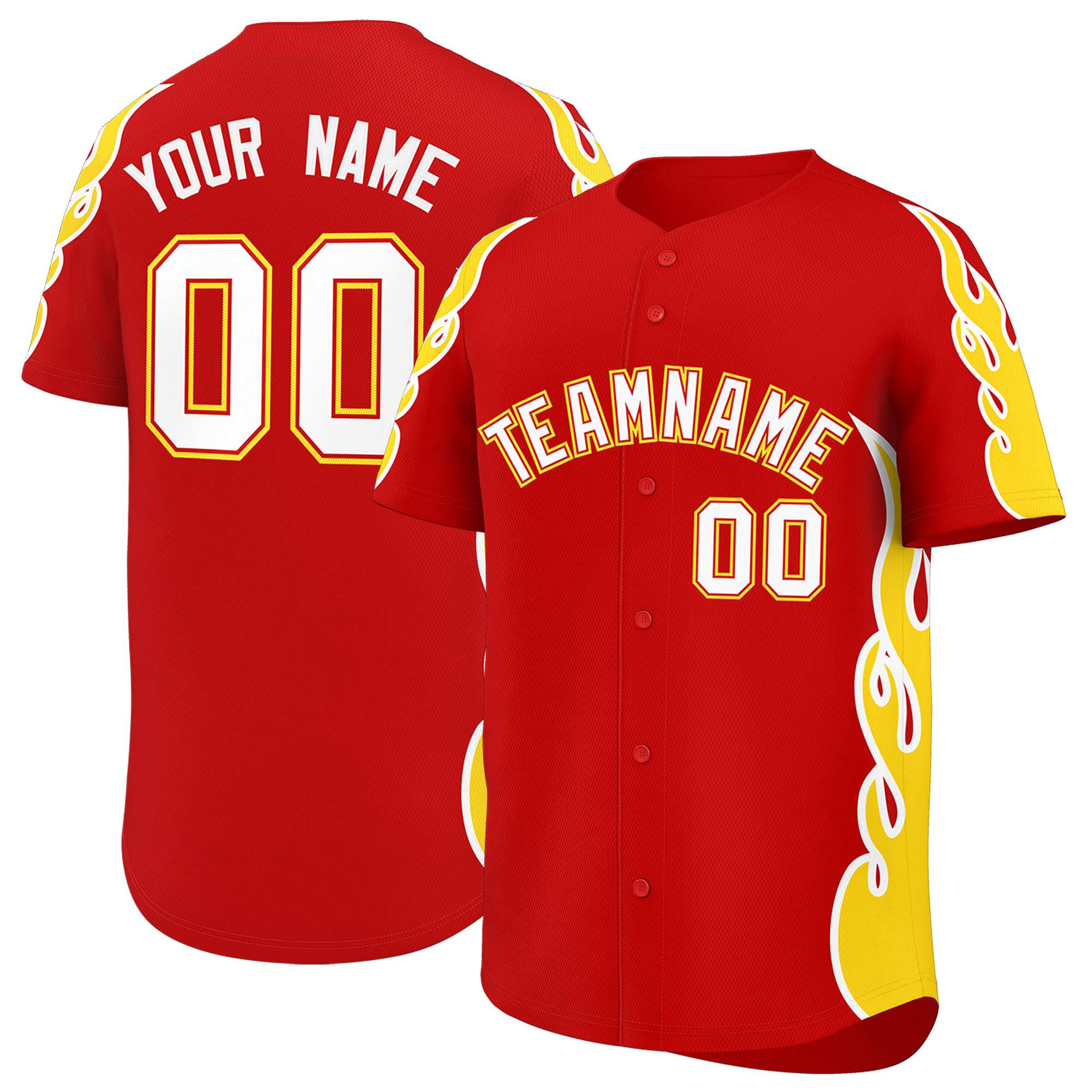 Custom Red Gold Side Flame Outline Pattern Sports Uniform Basetball Jersey