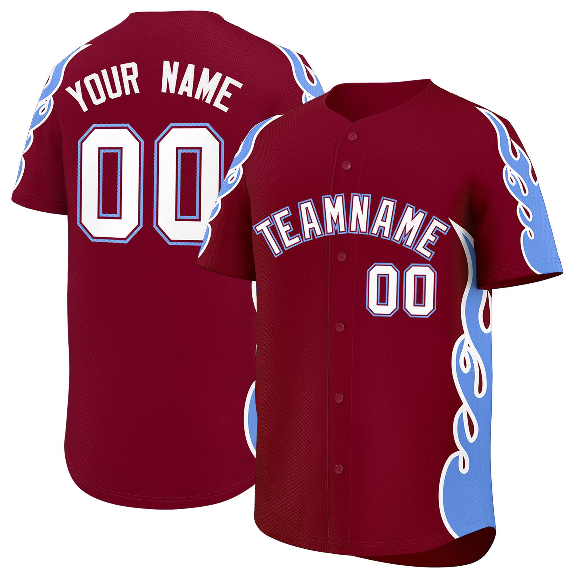 Custom Crimson Light Blue Side Flame Outline Pattern Sports Uniform Basetball Jersey