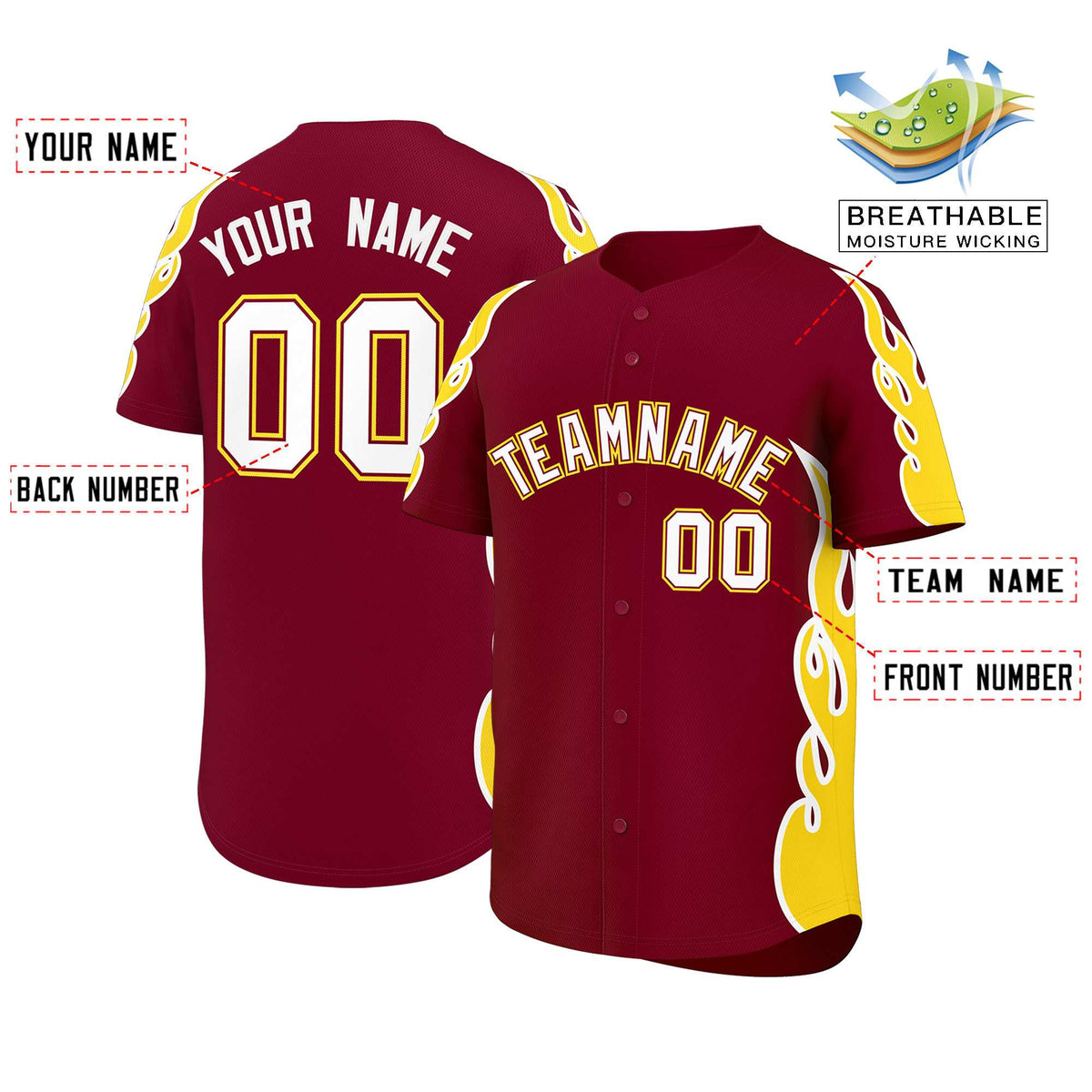 Custom Crimson Gold Side Flame Outline Pattern Sports Uniform Basetball Jersey