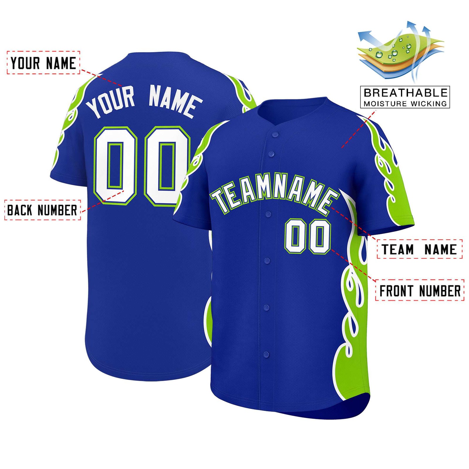 Custom Royal Neon Green Side Flame Outline Pattern Sports Uniform Basetball Jersey