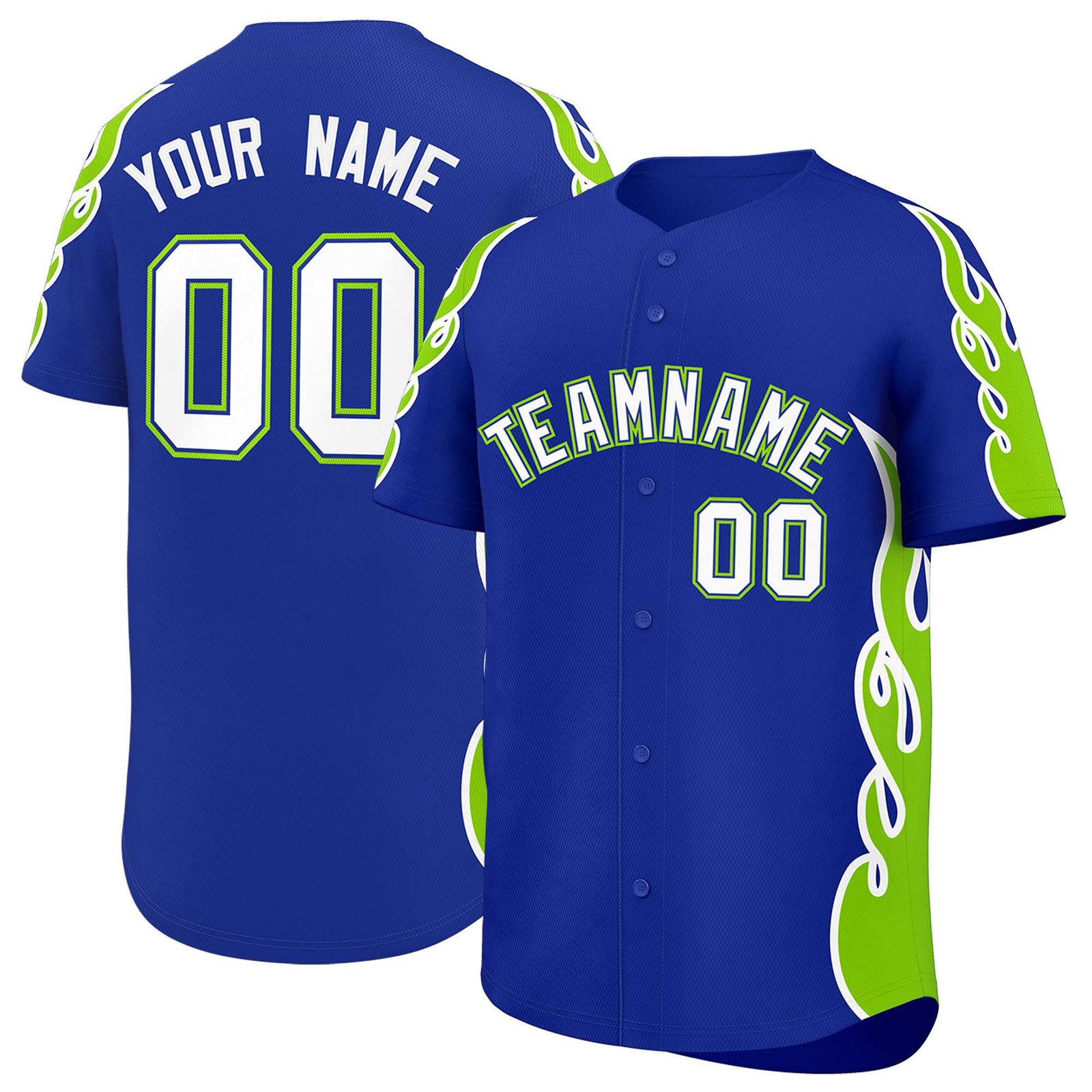 Custom Royal Neon Green Side Flame Outline Pattern Sports Uniform Basetball Jersey
