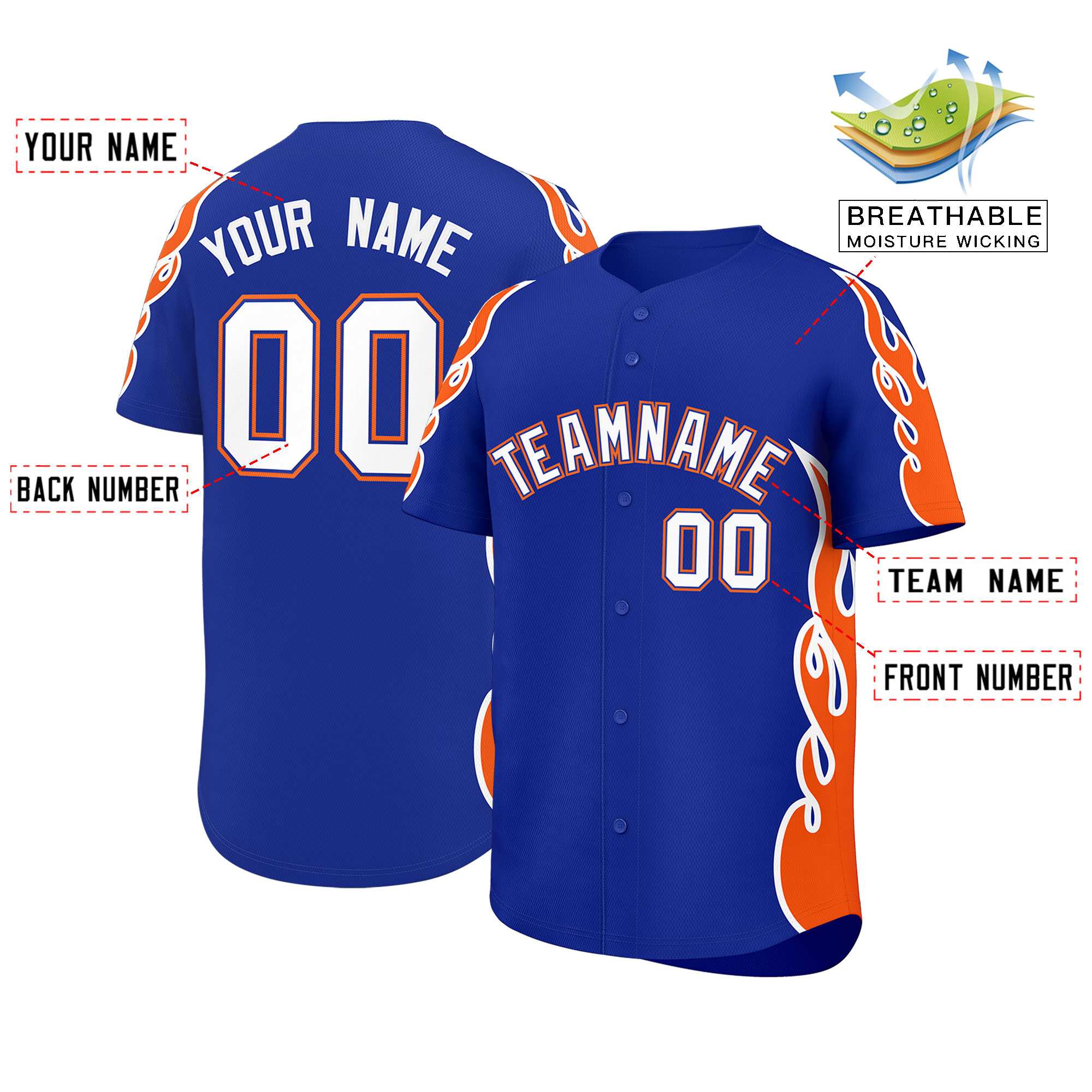 Custom Royal Orange Side Flame Outline Pattern Sports Uniform Basetball Jersey
