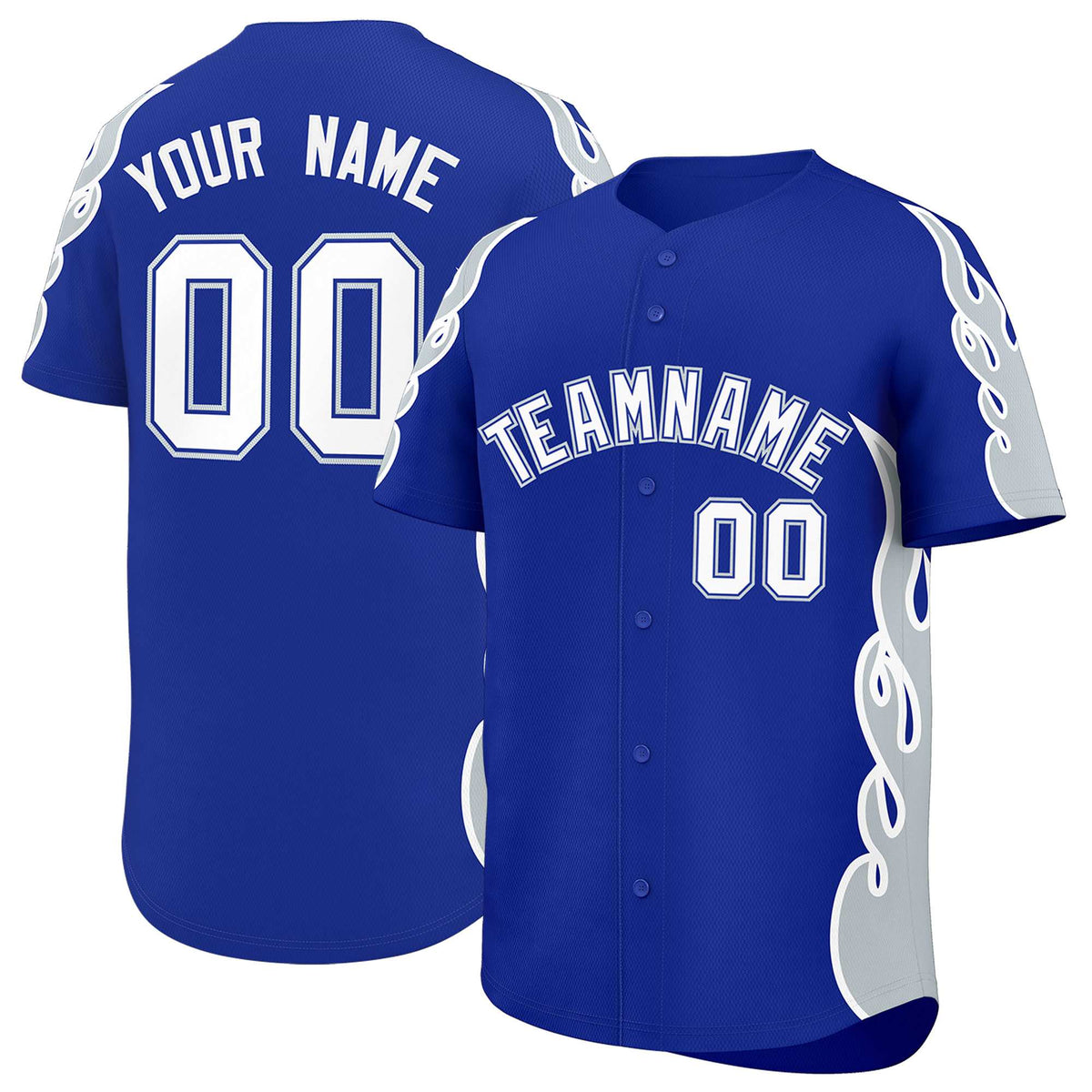 Custom Royal Silver Side Flame Outline Pattern Sports Uniform Basetball Jersey