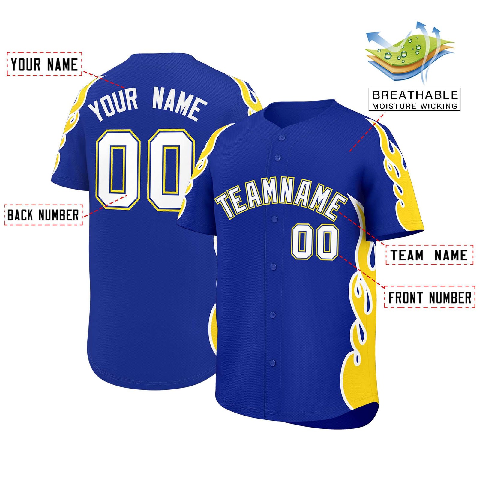 Custom Royal Gold Side Flame Outline Pattern Sports Uniform Basetball Jersey