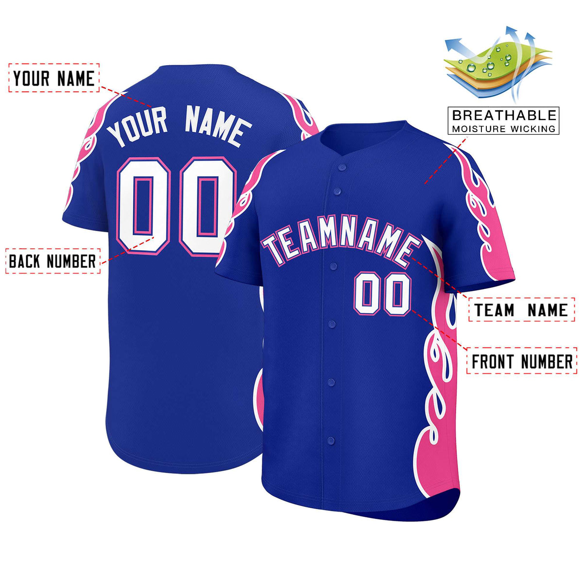 Custom Royal Pink Side Flame Outline Pattern Sports Uniform Basetball Jersey