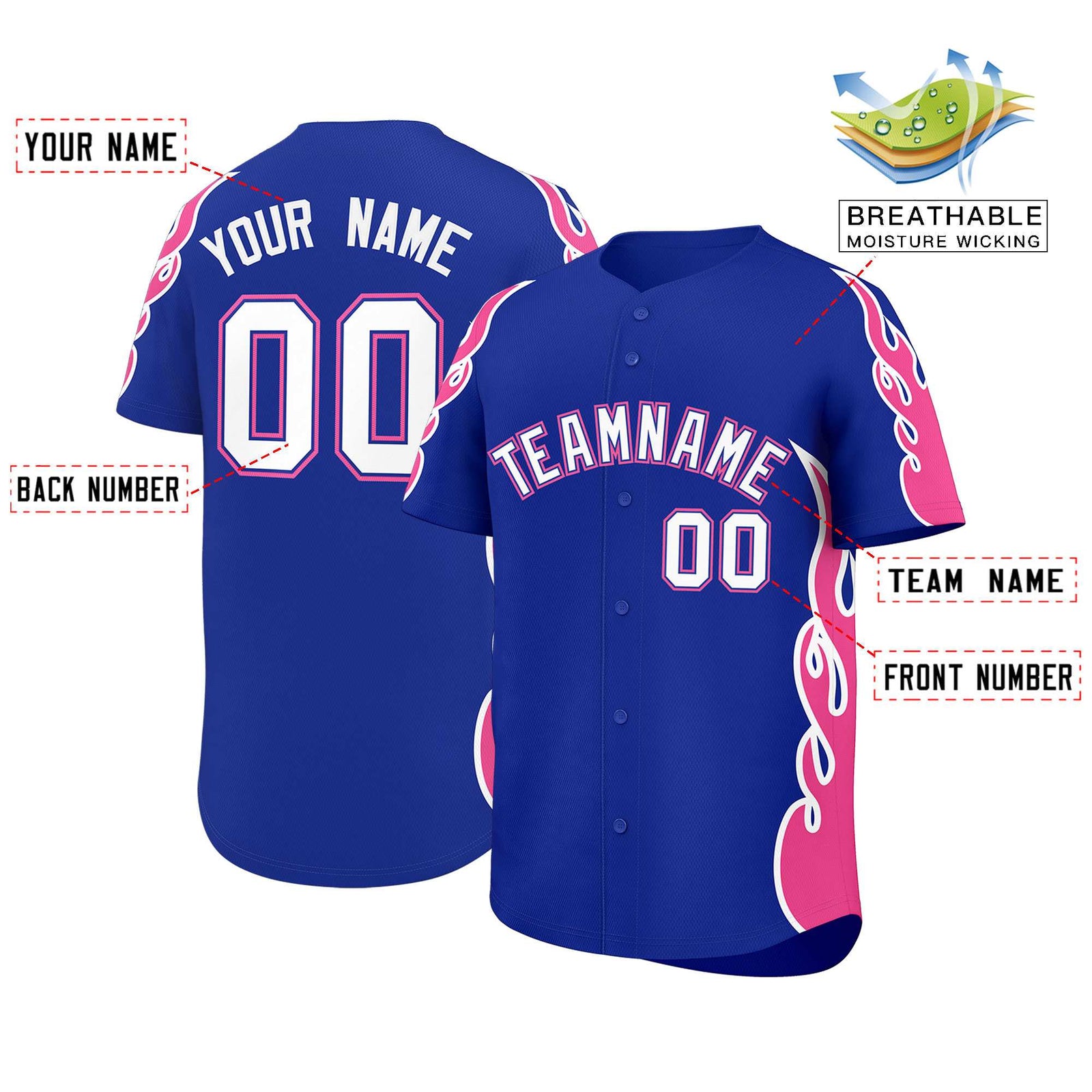 Custom Royal Pink Side Flame Outline Pattern Sports Uniform Basetball Jersey