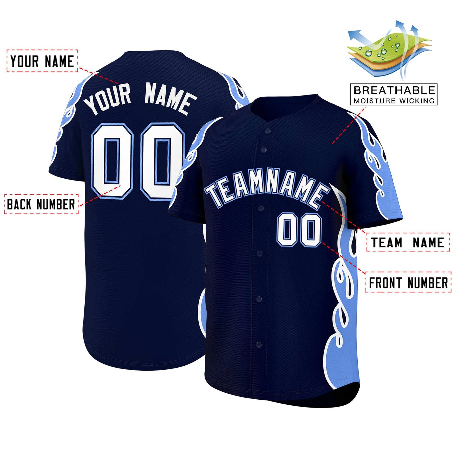 Custom Navy Light Blue Side Flame Outline Pattern Sports Uniform Basetball Jersey