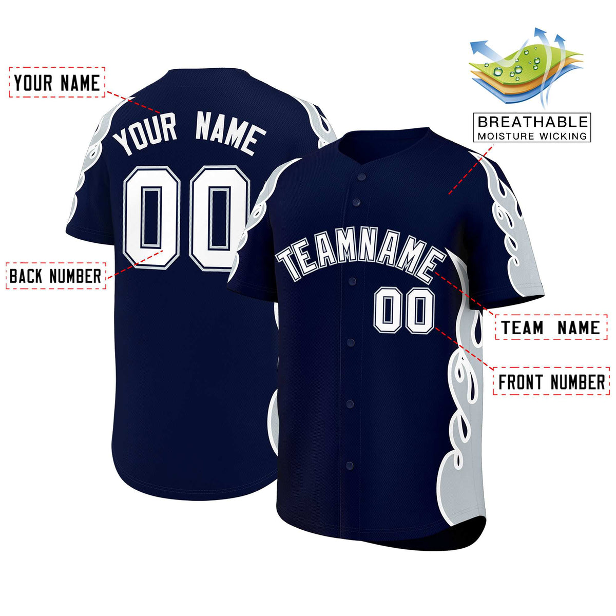 Custom Navy Silver Side Flame Outline Pattern Sports Uniform Basetball Jersey
