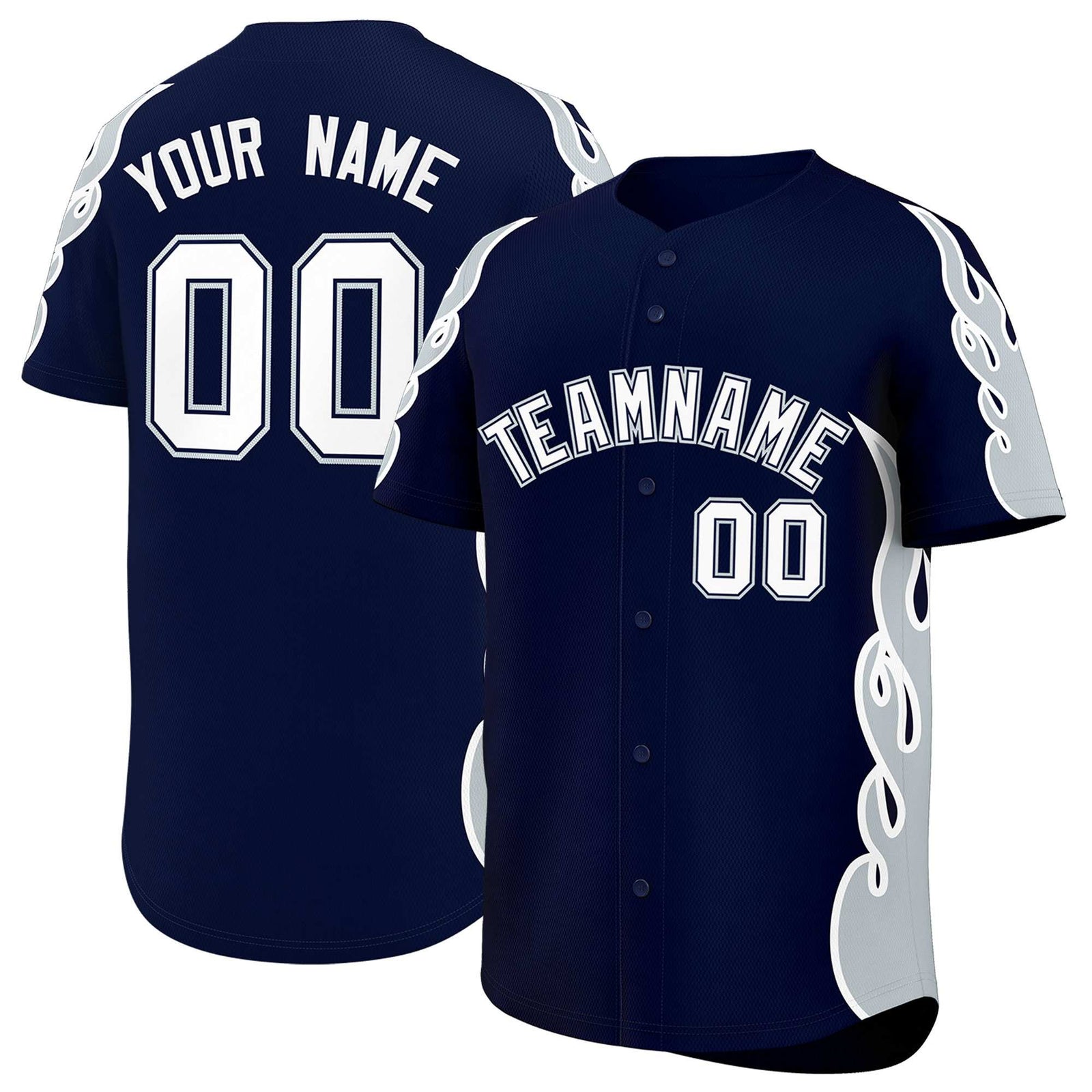 Custom Navy Silver Side Flame Outline Pattern Sports Uniform Basetball Jersey