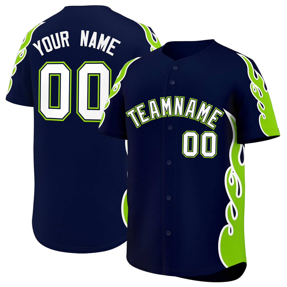 Custom Navy Neon Green Side Flame Outline Pattern Sports Uniform Basetball Jersey