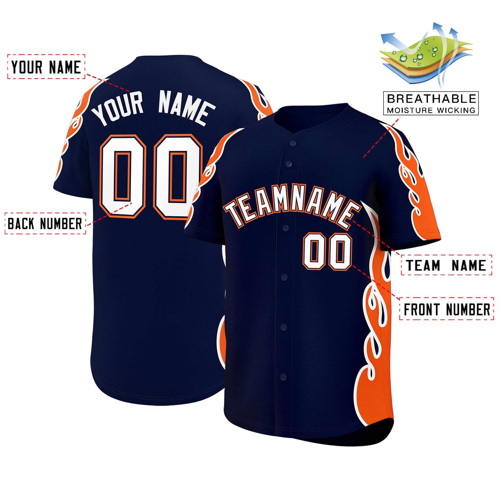 Custom Navy Orange Side Flame Outline Pattern Sports Uniform Basetball Jersey