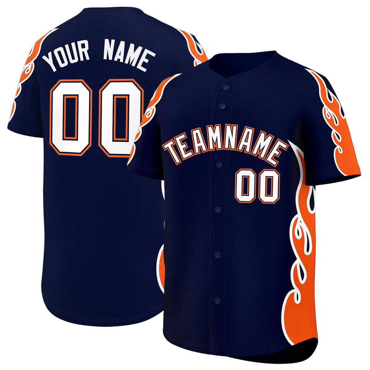 Custom Navy Orange Side Flame Outline Pattern Sports Uniform Basetball Jersey