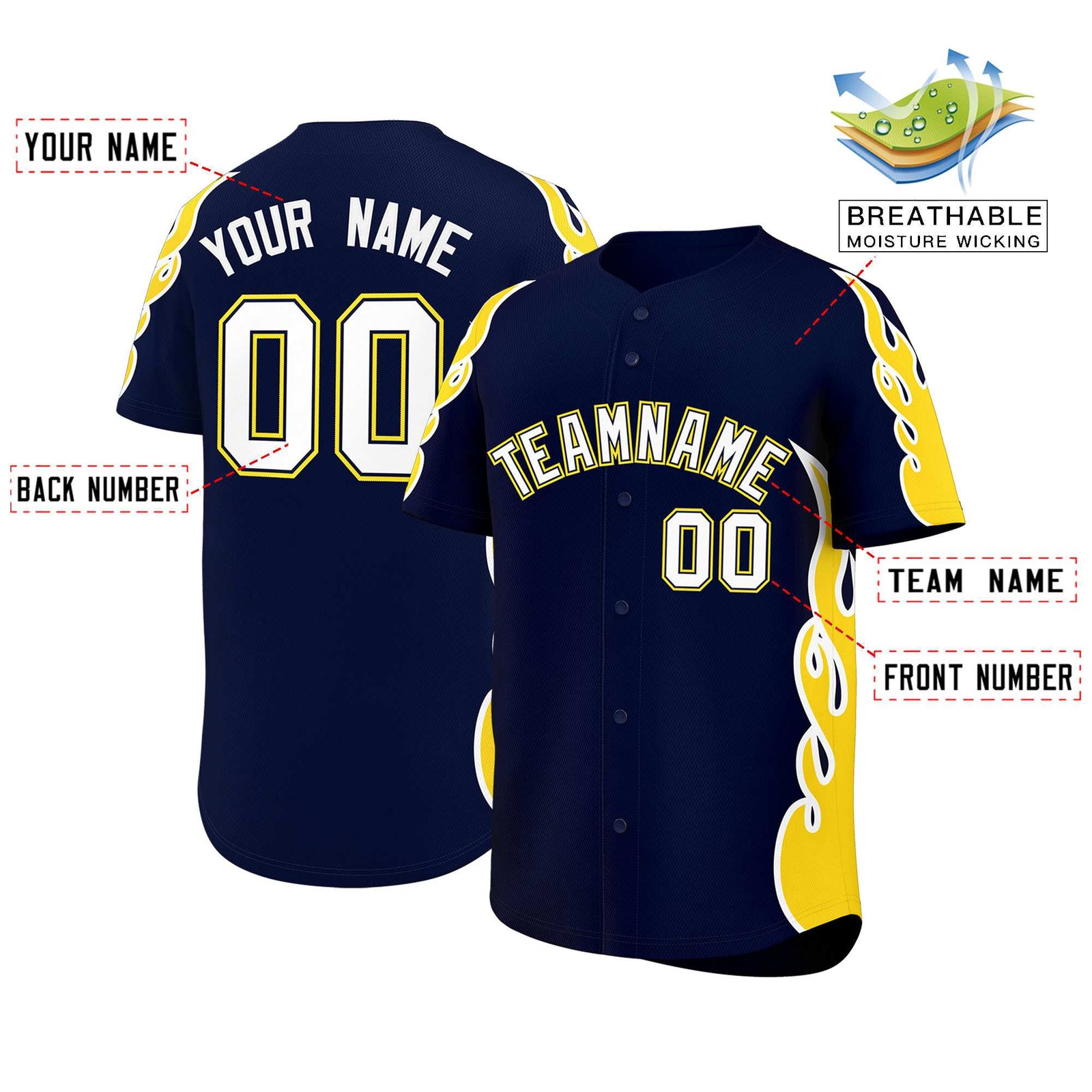 Custom Navy Gold Side Flame Outline Pattern Sports Uniform Basetball Jersey