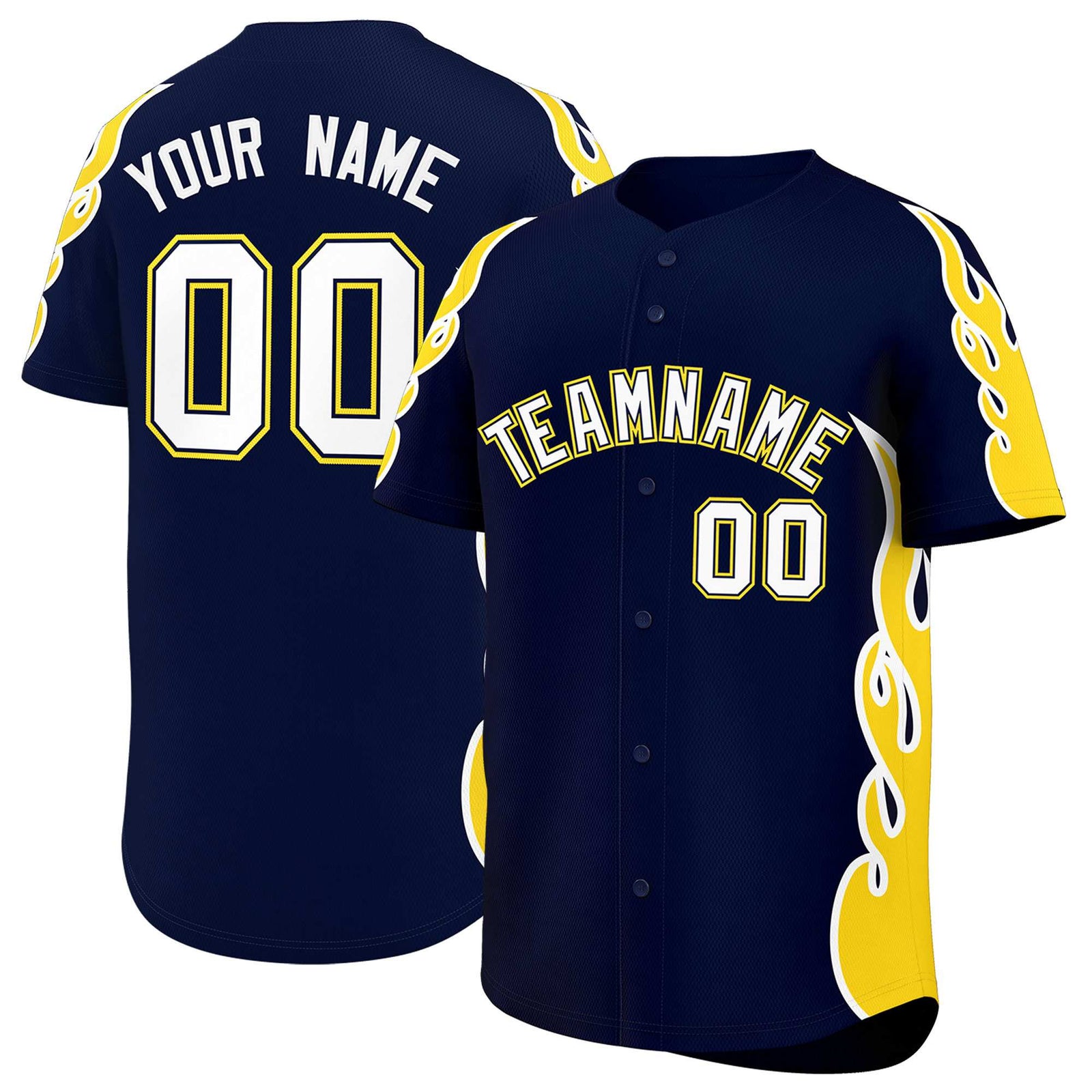 Custom Navy Gold Side Flame Outline Pattern Sports Uniform Basetball Jersey