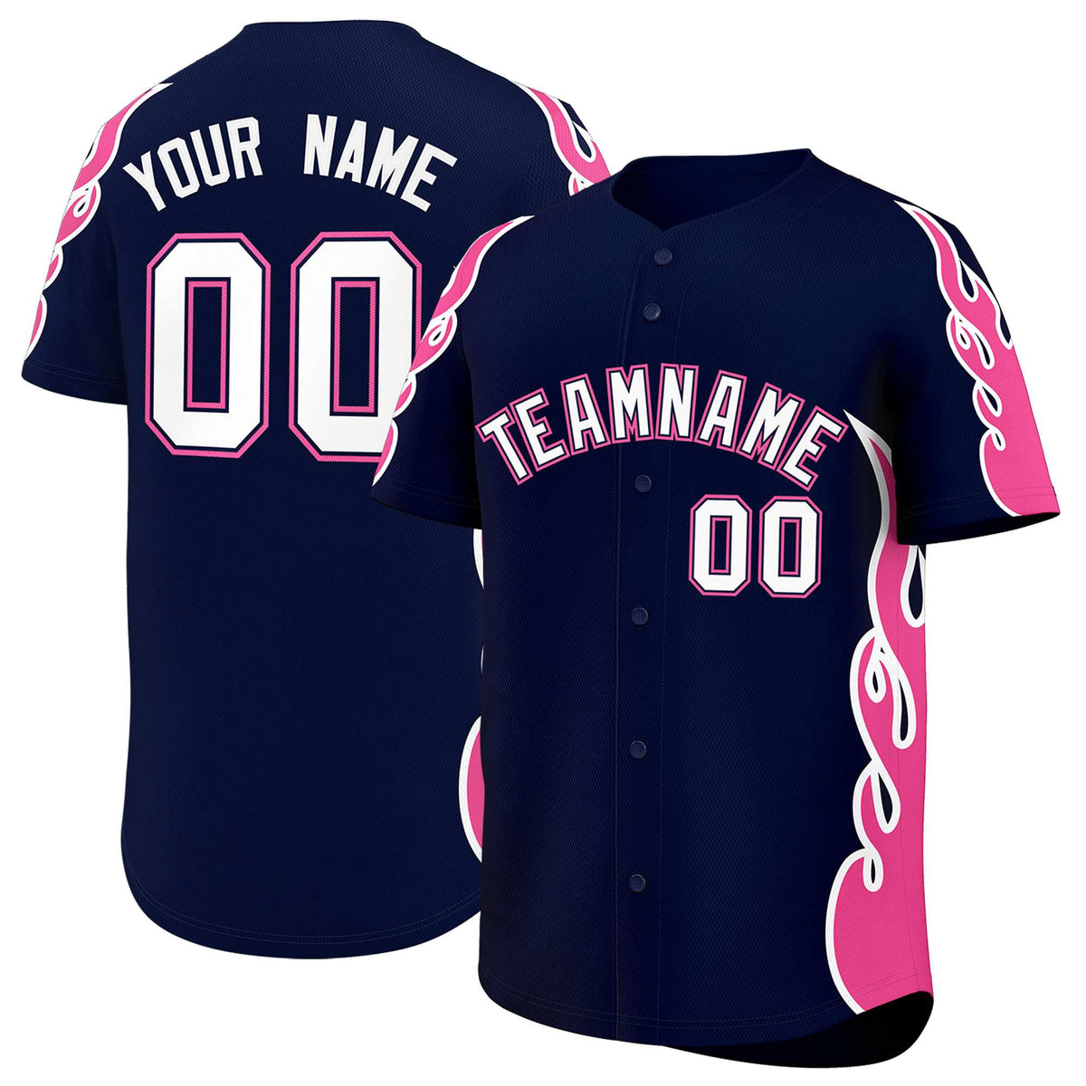 Custom Navy Pink Side Flame Outline Pattern Sports Uniform Basetball Jersey