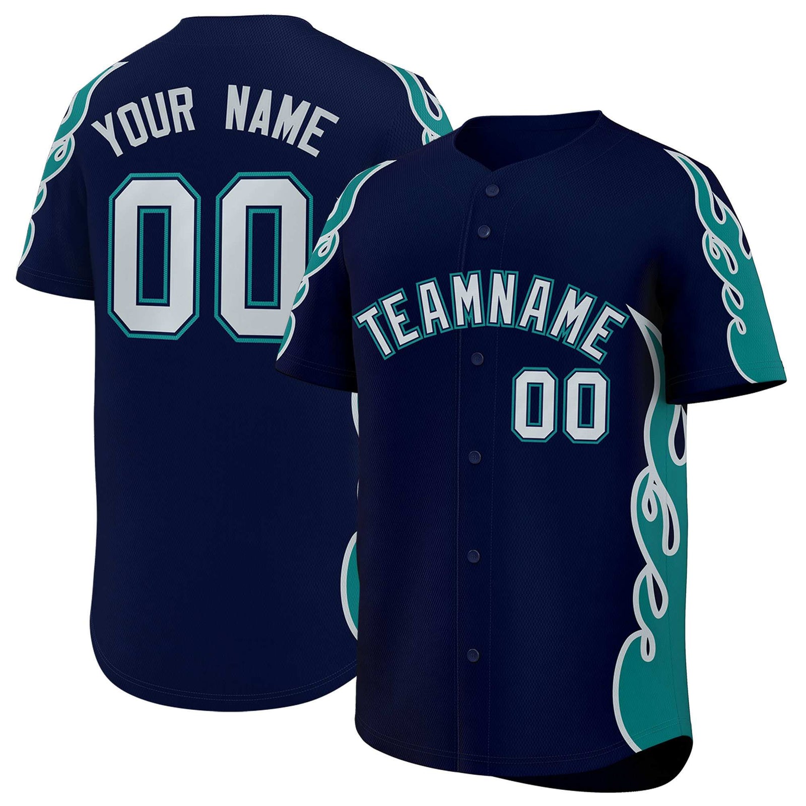 Custom Navy Teal Side Flame Outline Pattern Sports Uniform Basetball Jersey