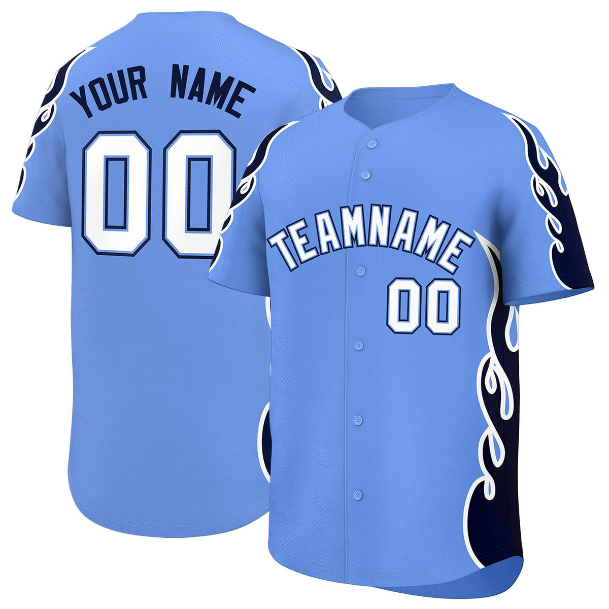 Custom Light Blue Navy Side Flame Outline Pattern Sports Uniform Basetball Jersey