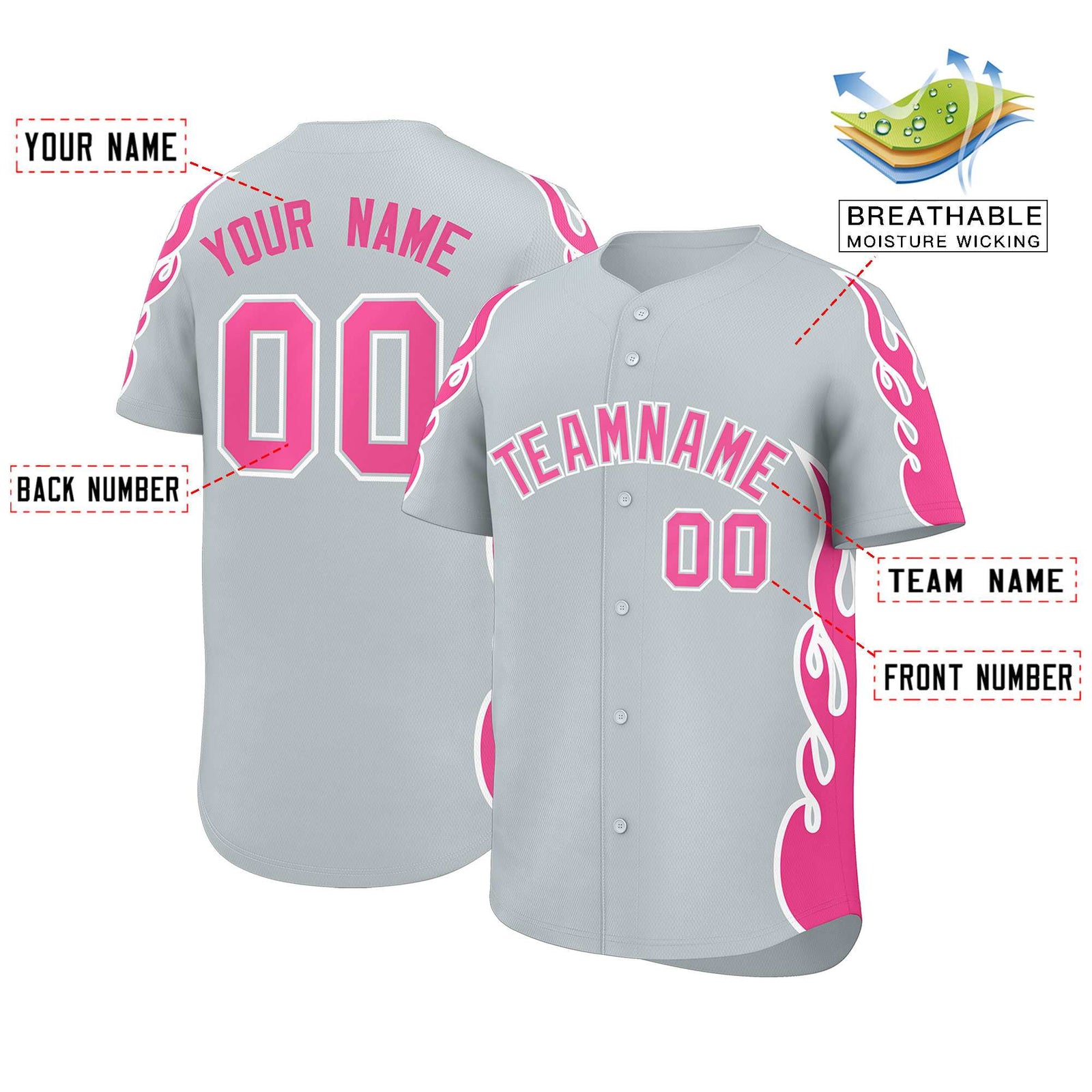 Custom Silver Pink Side Flame Outline Pattern Sports Uniform Basetball Jersey
