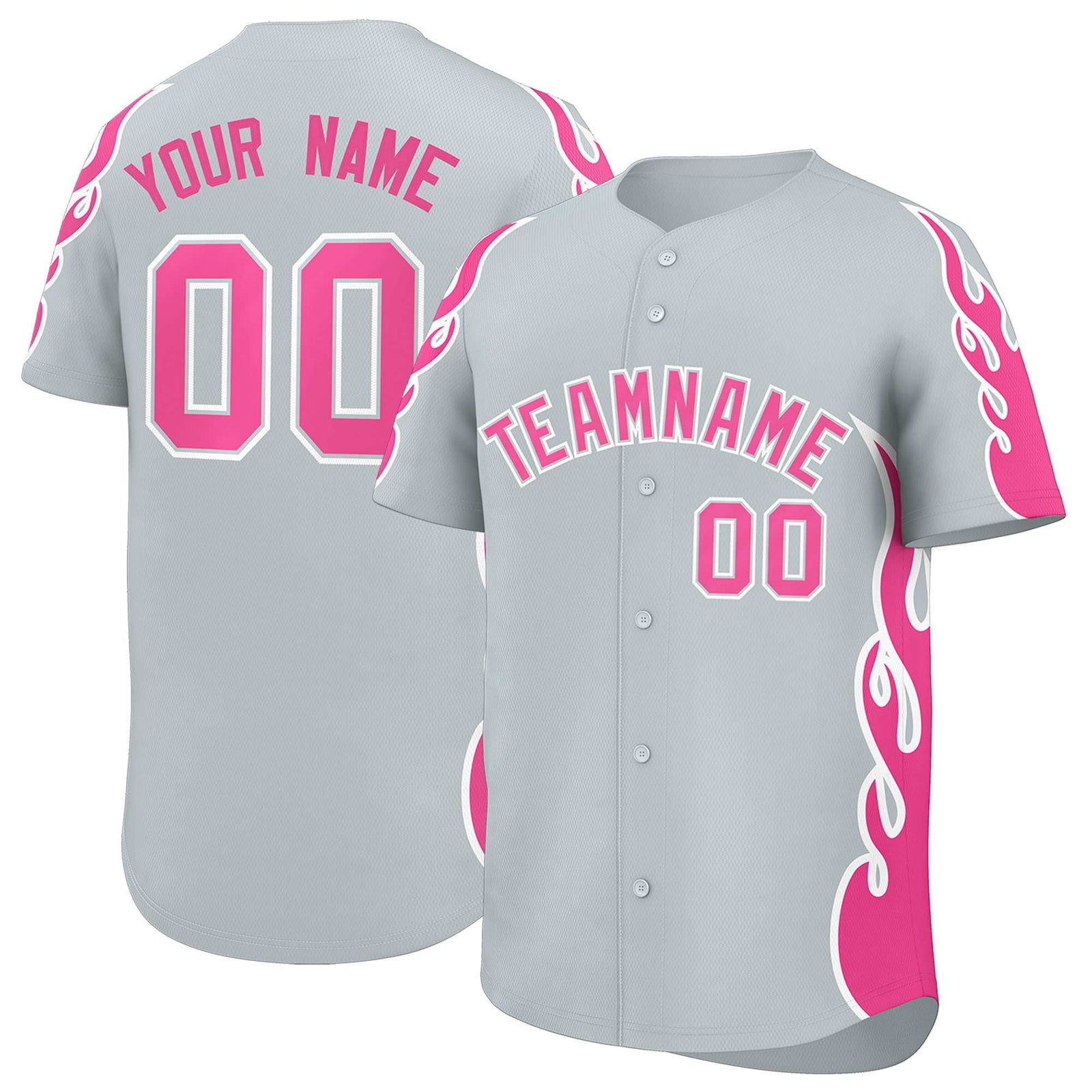Custom Silver Pink Side Flame Outline Pattern Sports Uniform Basetball Jersey
