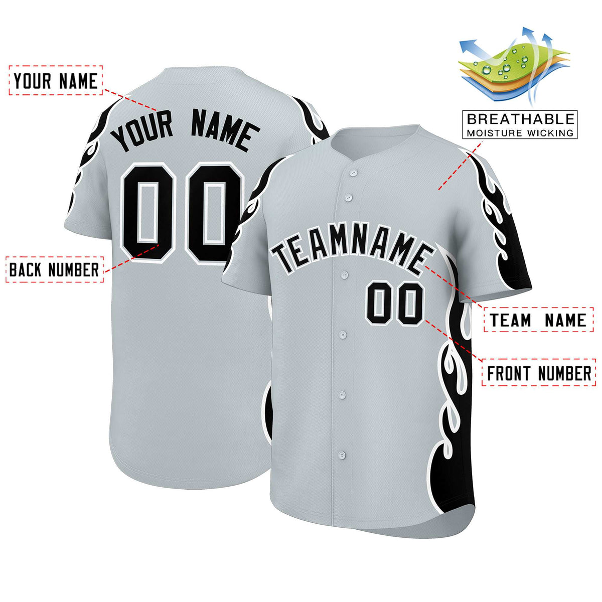 Custom Silver Black Side Flame Outline Pattern Sports Uniform Basetball Jersey