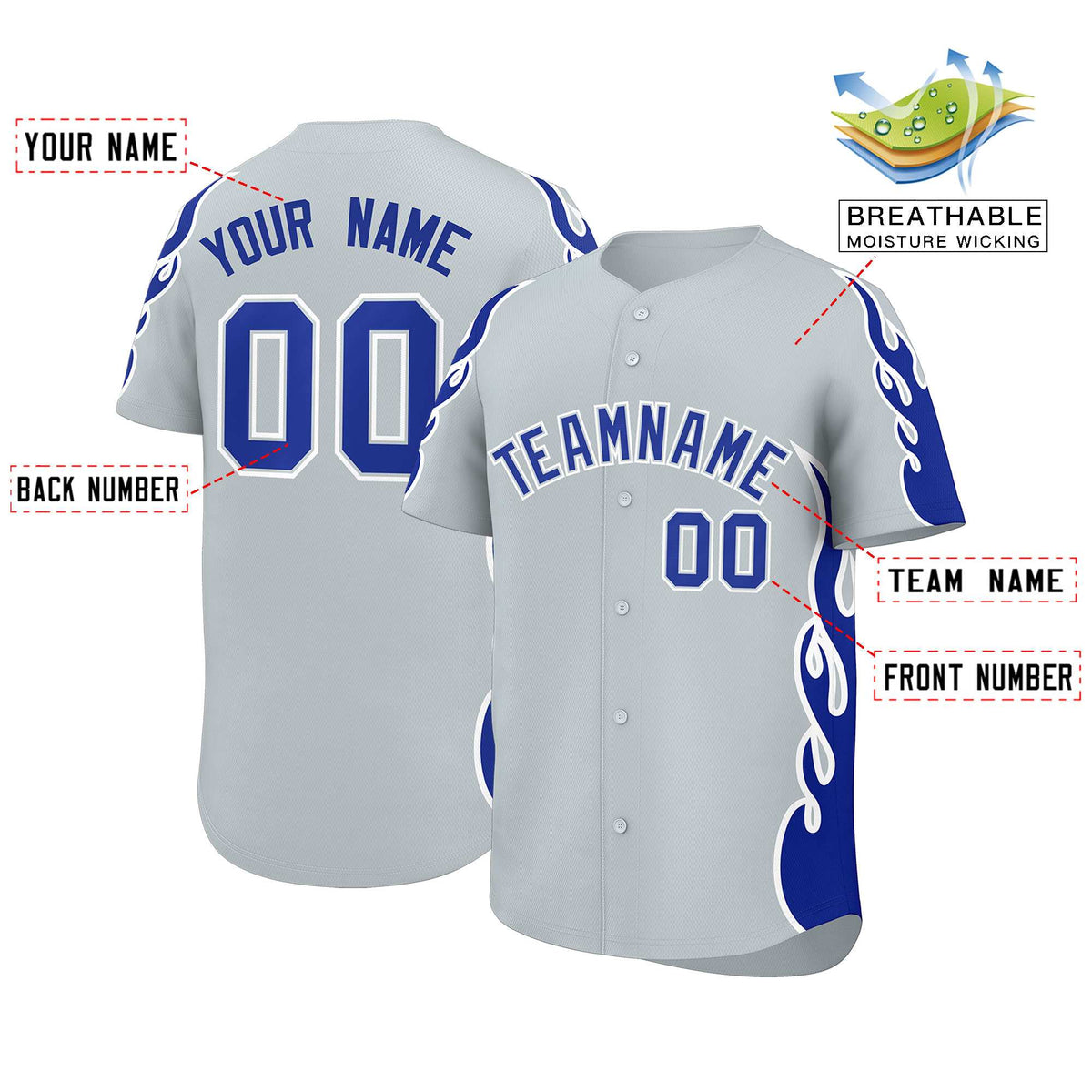 Custom Silver Royal Side Flame Outline Pattern Sports Uniform Basetball Jersey