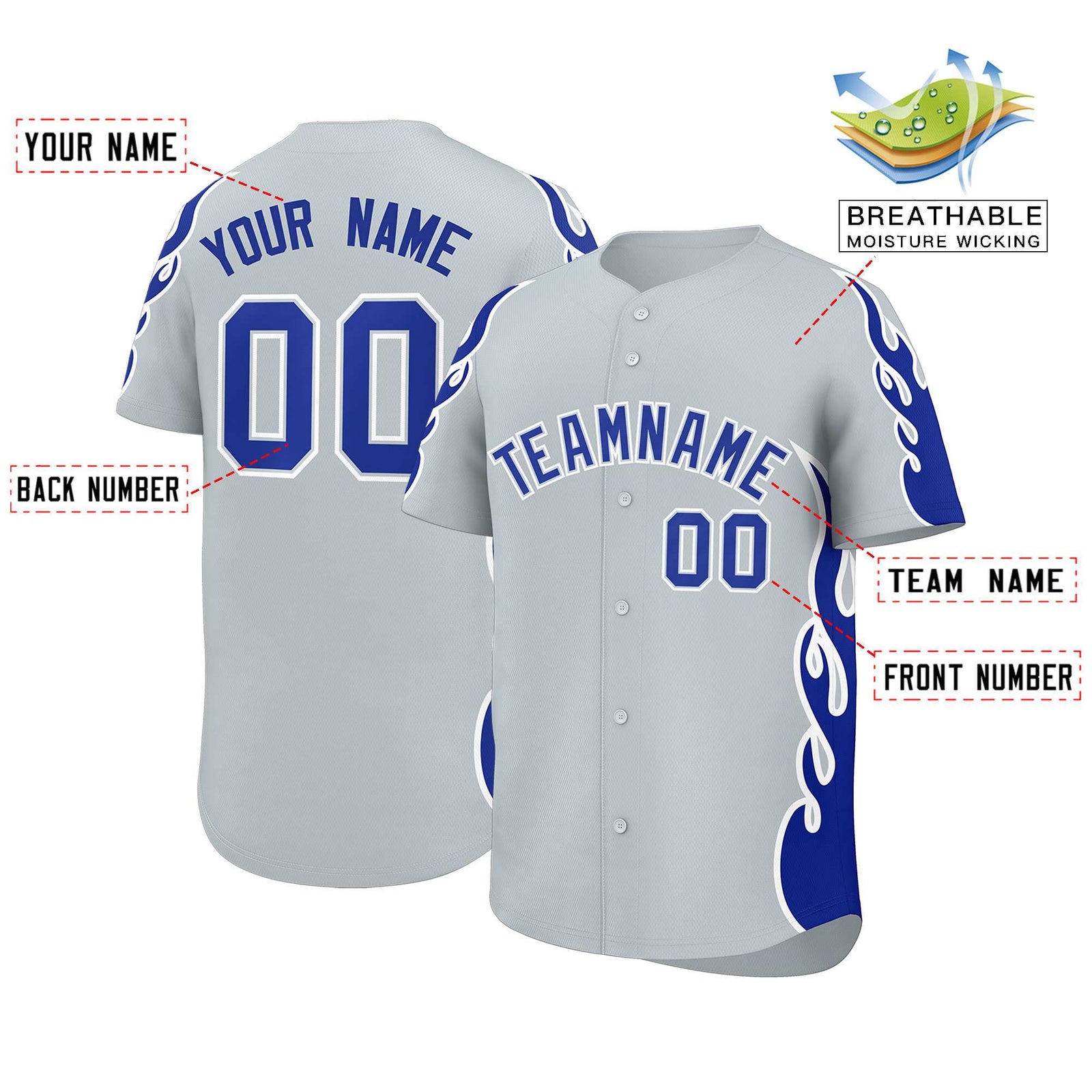 Custom Silver Royal Side Flame Outline Pattern Sports Uniform Basetball Jersey
