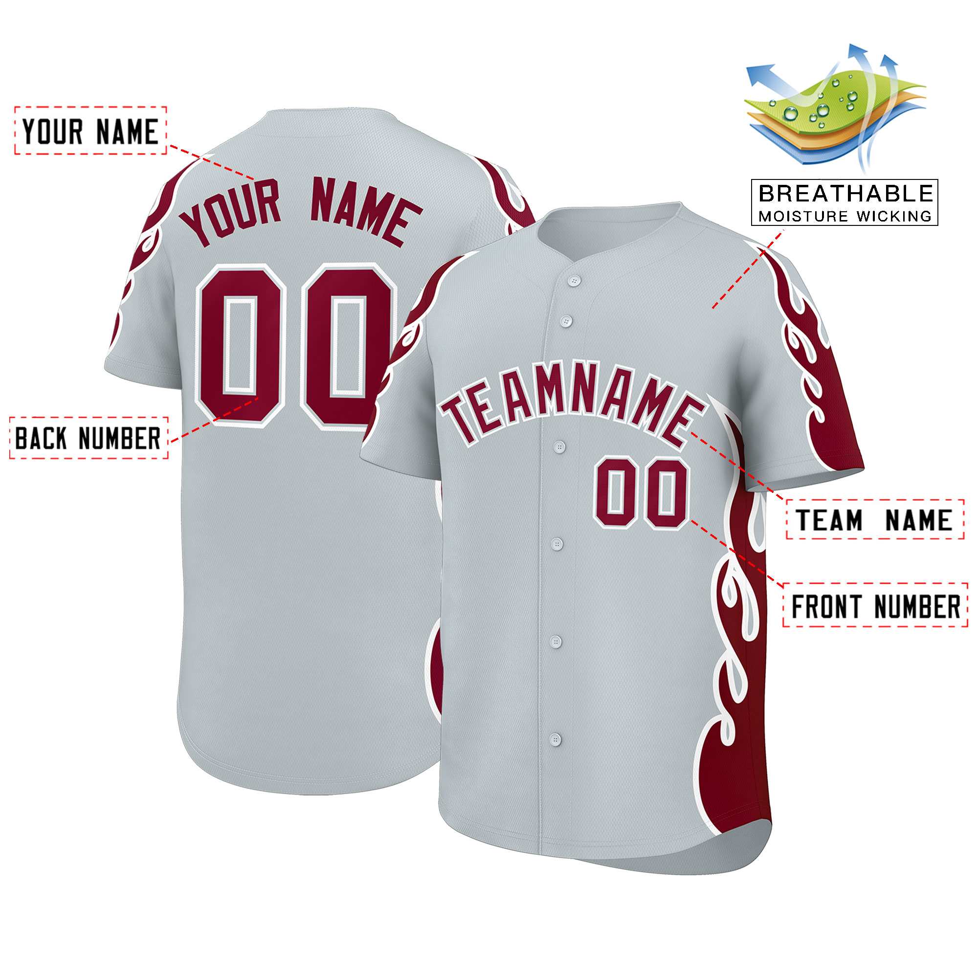 Custom Silver Crimson Side Flame Outline Pattern Sports Uniform Basetball Jersey