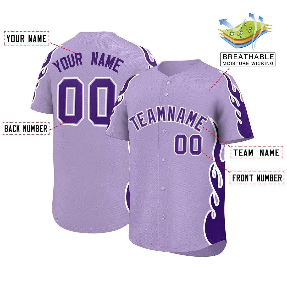 Custom Light Purple Purple Side Flame Outline Pattern Sports Uniform Basetball Jersey
