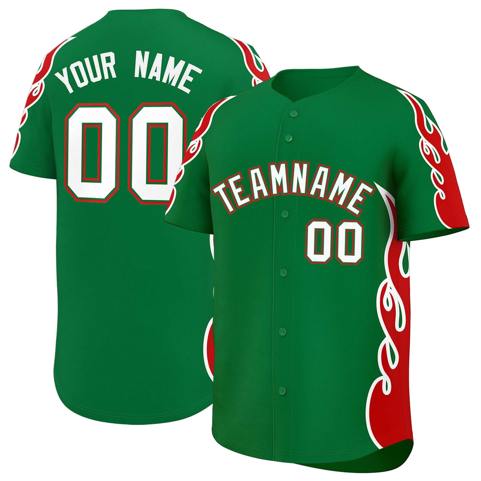 Custom Kelly Green Red Side Flame Outline Pattern Sports Uniform Basetball Jersey