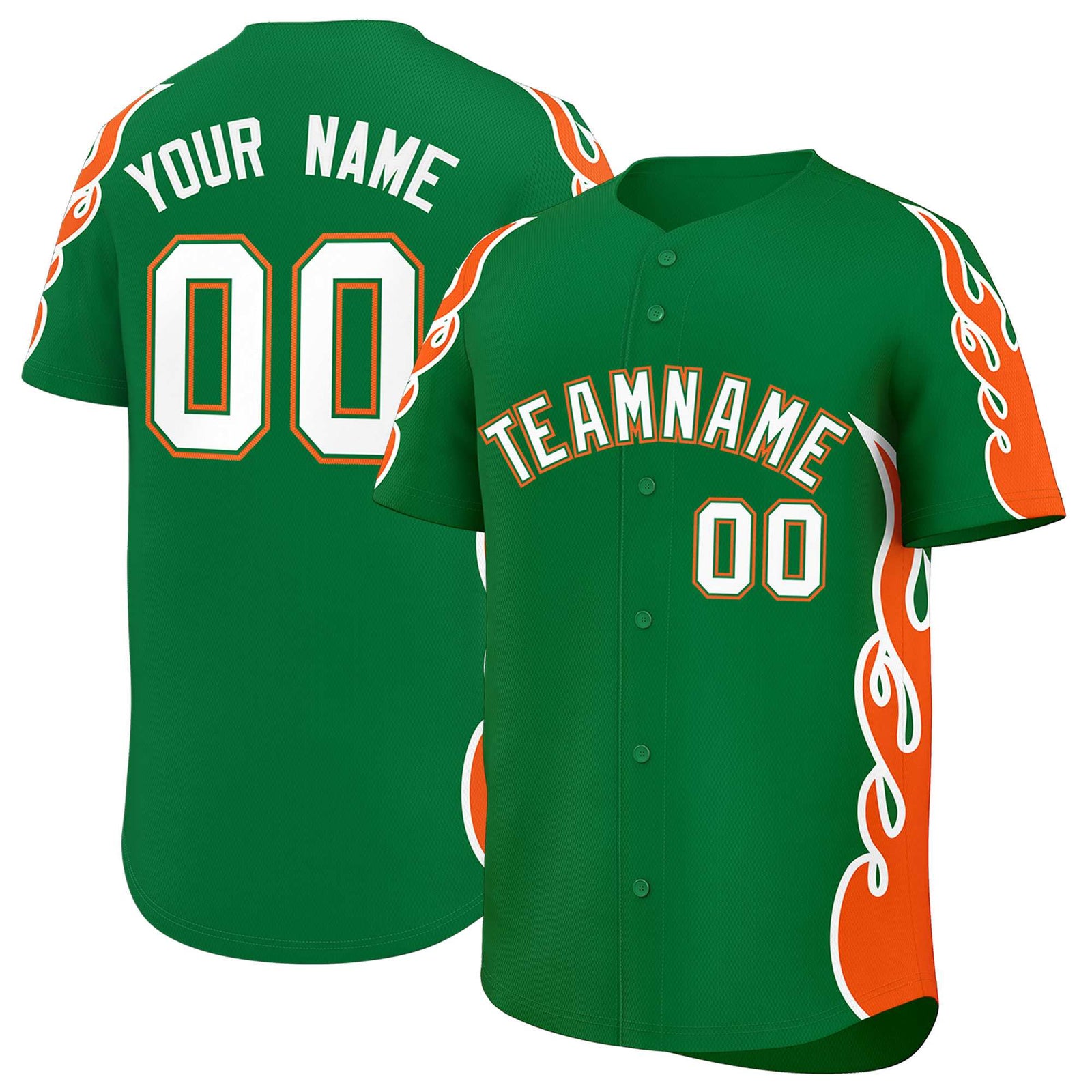 Custom Kelly Green Orange Side Flame Outline Pattern Sports Uniform Basetball Jersey