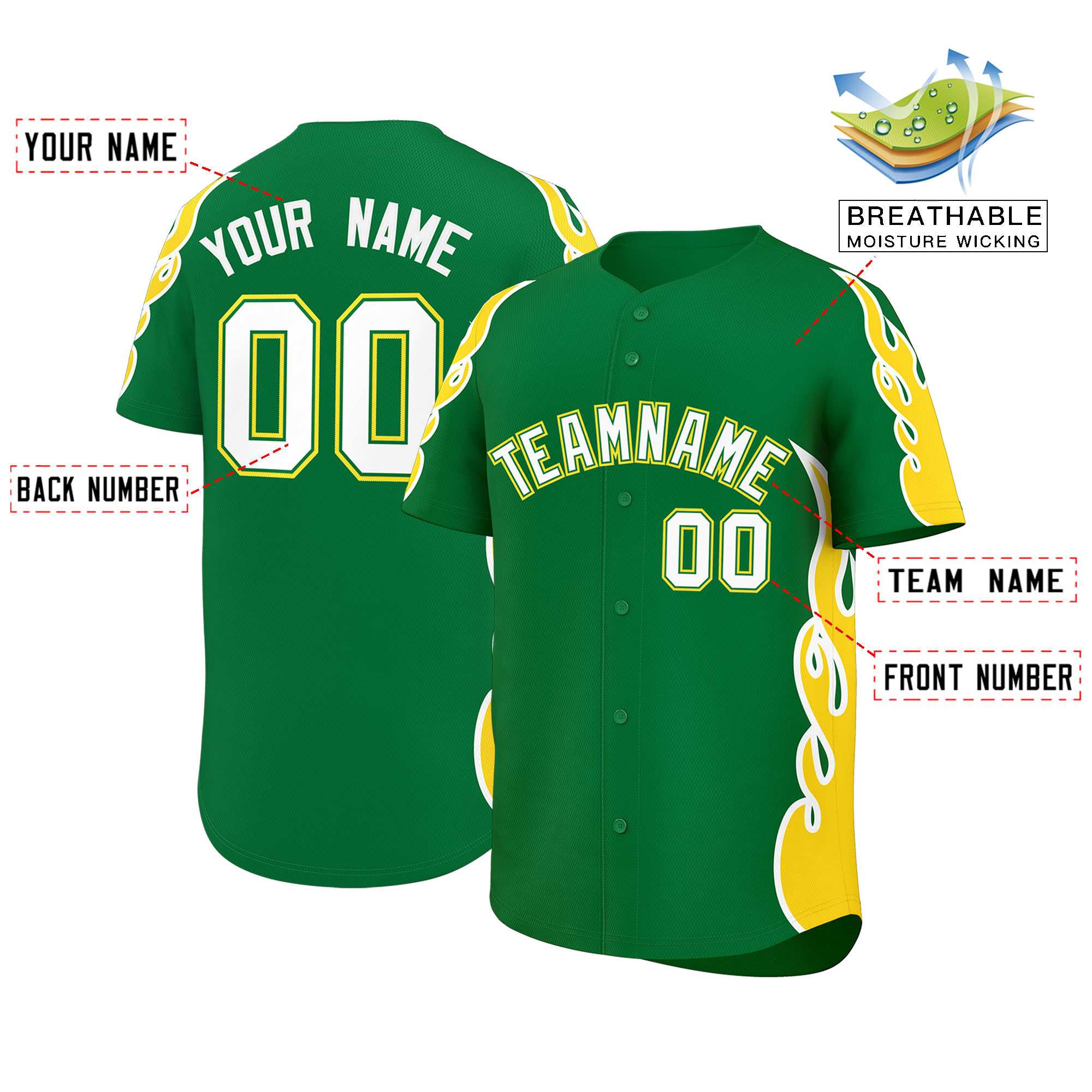 Custom Kelly Green Gold Side Flame Outline Pattern Sports Uniform Basetball Jersey