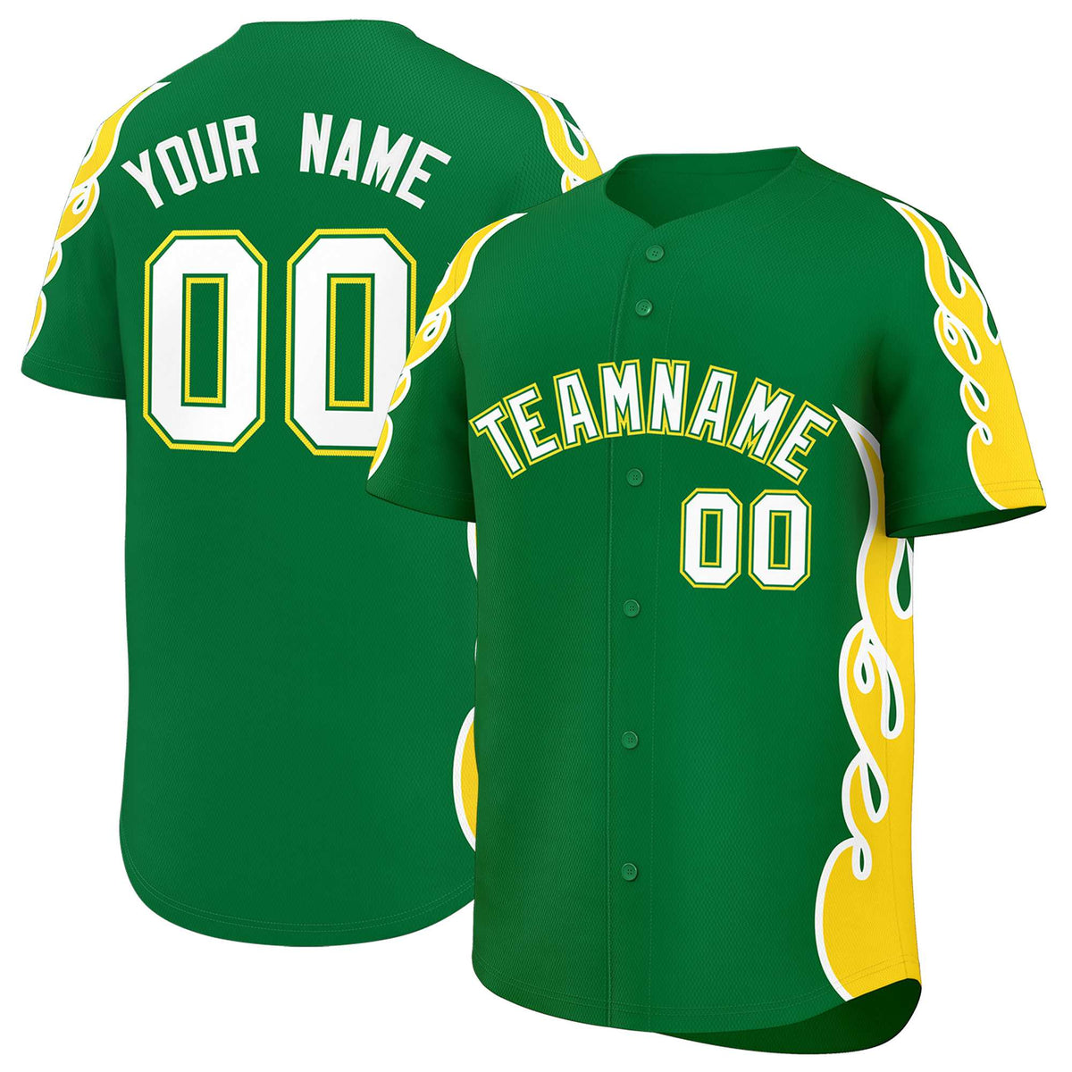 Custom Kelly Green Gold Side Flame Outline Pattern Sports Uniform Basetball Jersey