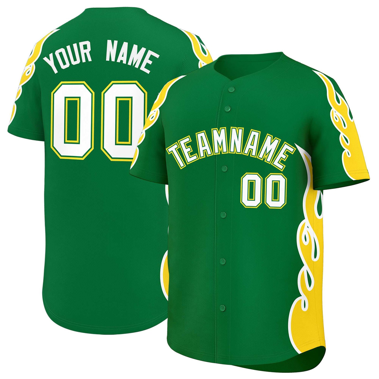 Custom Kelly Green Gold Side Flame Outline Pattern Sports Uniform Basetball Jersey